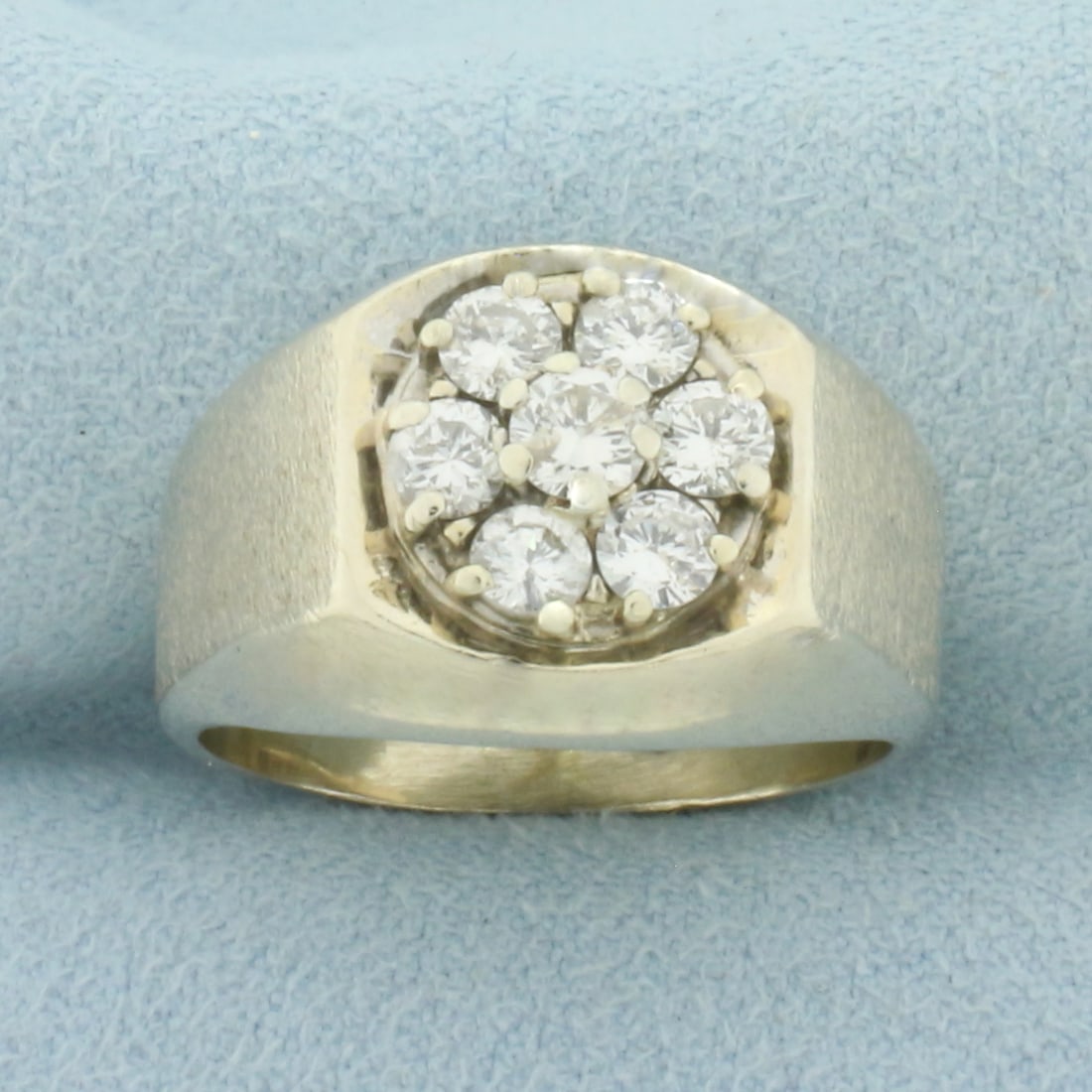 Mens Diamond Target Ring in 14k White Gold: In 14k White Gold. Contains one 1/5ct and six 1/8ct high quality diamonds, 1ct TW, SI2 clarity/G color, eye clean, great cut for added brilliance. 13.8mm wide at center. Brushed finish detail. Size 9.