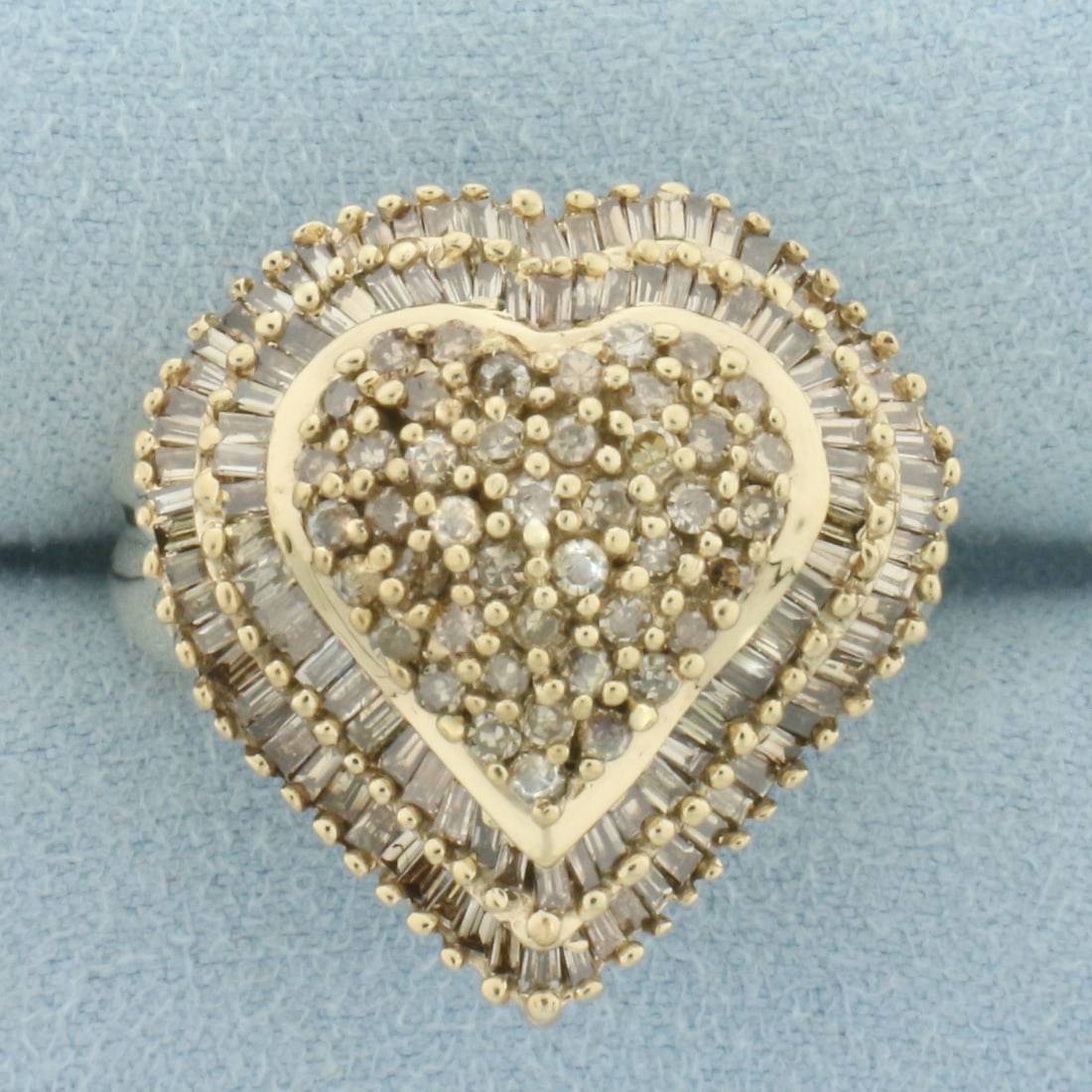 Champagne Diamond Heart Ballerina Style Ring in 10k Yellow Gold: In 10k Yellow Gold. Contains 1ct TW of high quality round and baguette champagne diamonds. 24mm wide at top of ring. Size 8.25. 12.5g.
