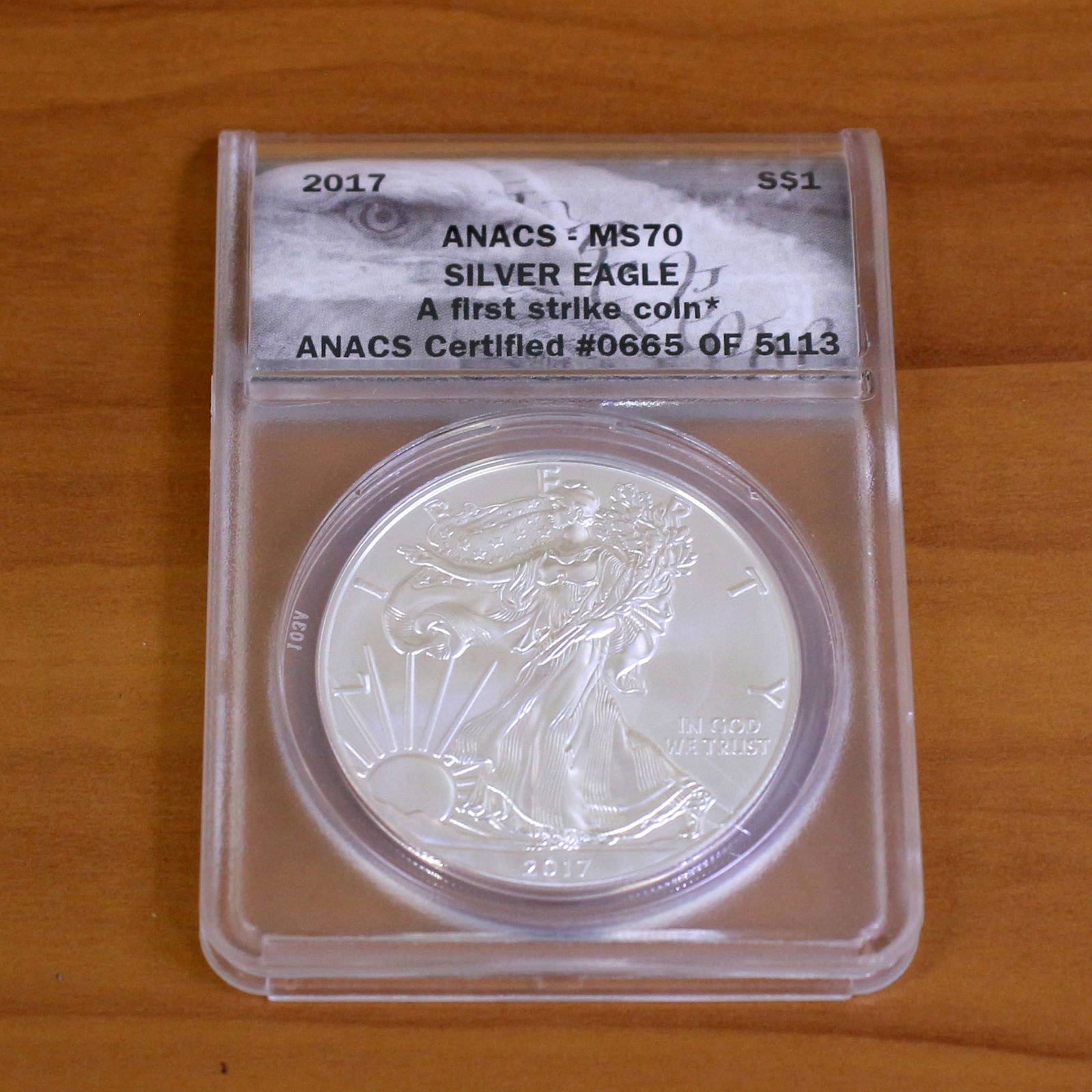 ANACS 2017 MS70 First Strike Silver Eagle Coin: Contains one 2017 ANACS MS70 First Strike Silver Eagle Dollar. Packaged by ANACS.