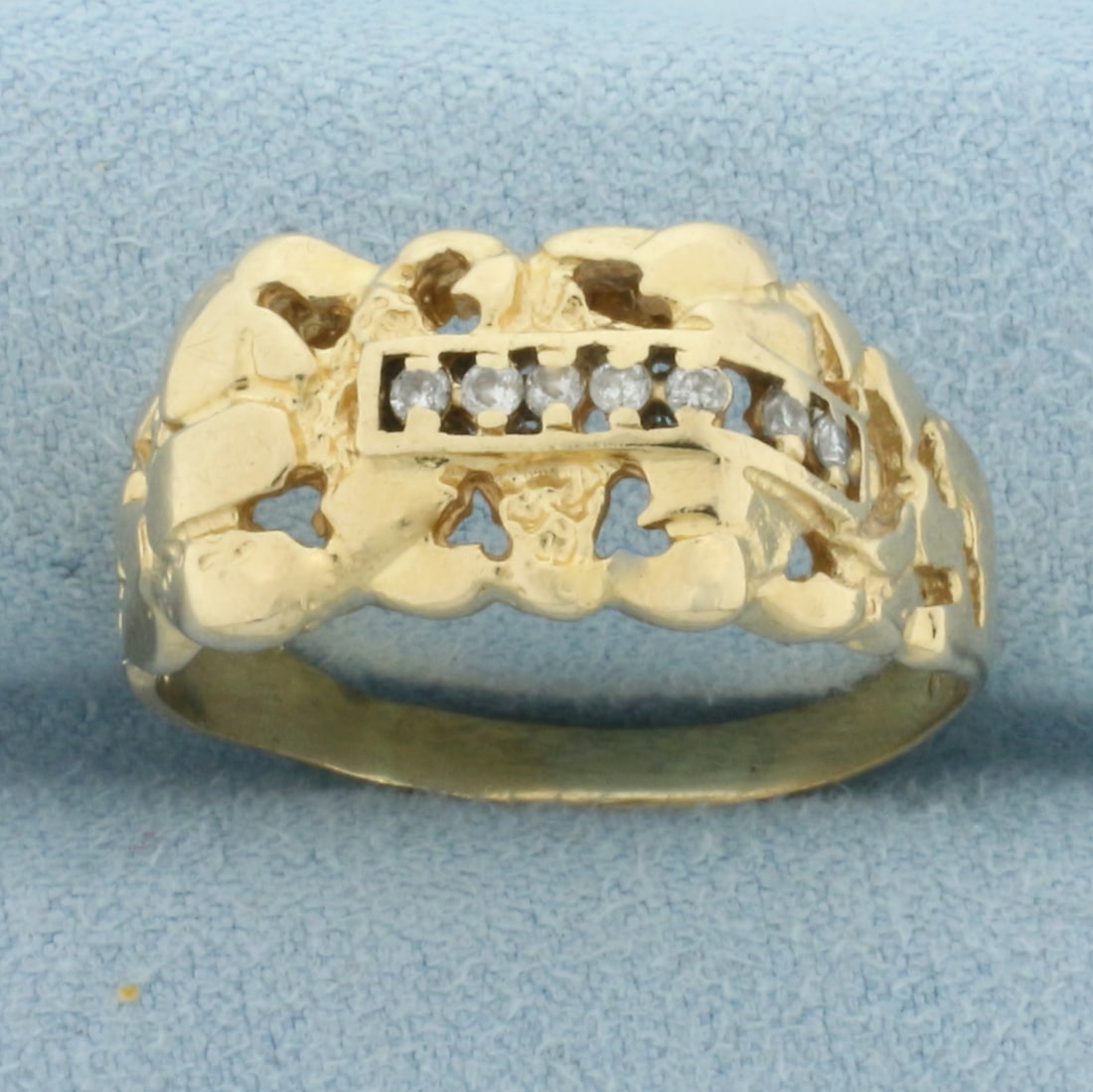 Mens Diamond Nugget Ring in14_k Yellow Gold: In 14k Yellow Gold. Contains seven high quality .01ct diamonds, SI clarity/H color. 11mm wide at top of ring. Size 12.5. 6.1g.