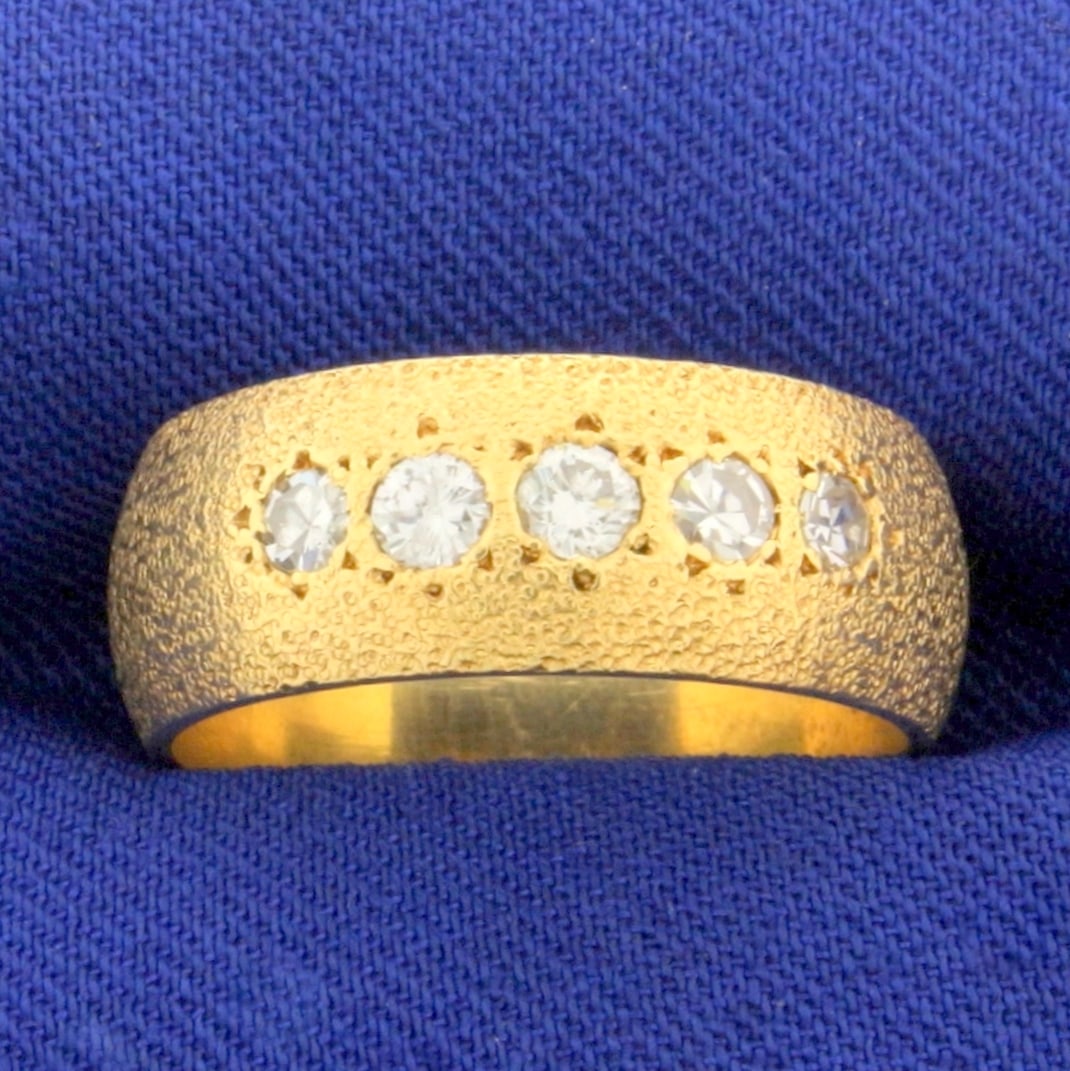Sandblast Finish Diamond Band Ring in 14k Yellow Gold: In 14k yellow gold. Contains five high quality 1/10ct diamonds, H color/SI clarity. Unique sandblasted finish. Size 7. 7.5mm wide. 6.8g.