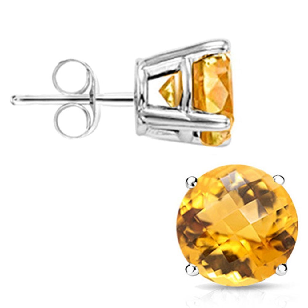 6MM Round Cut Citrine 1.85CTW Stud Earrings in Sterling Silver: In platinum over .925 sterling silver basket mountings with friction backs included. Contains 2 round cut citrine gemstones with light golden lemon color, approx. 1.85CTW, 6mm each. 1.3g