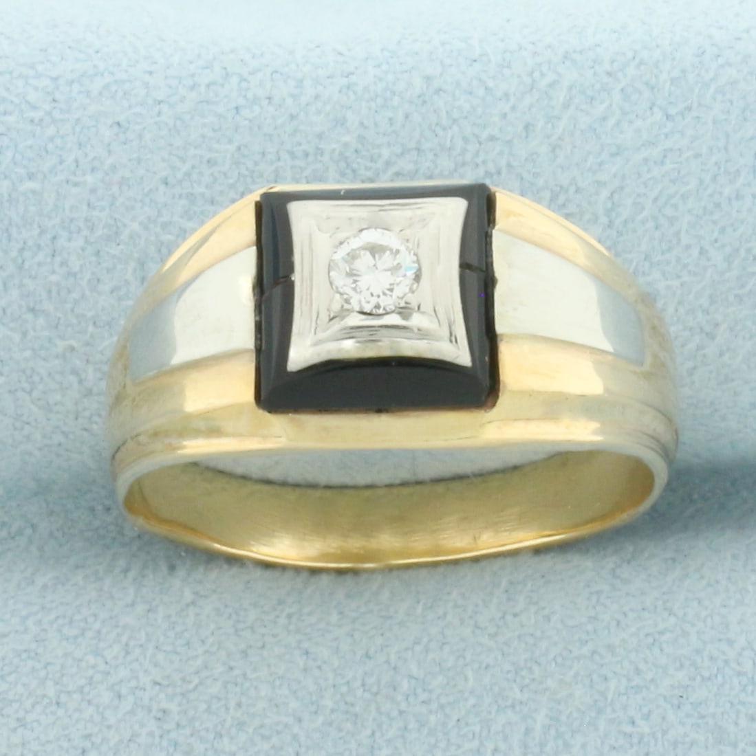 Mens Vintage Onyx and Diamond Ring in 14k Yellow and White Gold: In 14k Yellow and White Gold. Contains one .15ct high quality diamond, VS clarity/H color. Also contains one 9mm Onyx plaque. 11mm wide at widest point. Size 12. 9.4g.