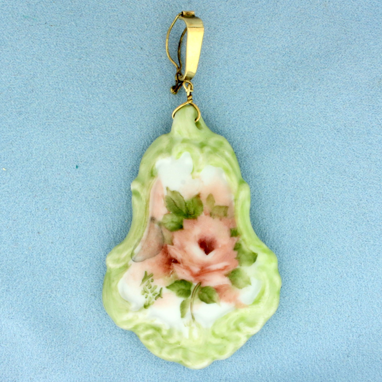Large Hand Painted Flower Porcelain Pendant in 10k Yellow Gold: 10k Yellow Gold bale. 3 3/8 inches long including bale. 1 3/4 inch wide. Signed "Gemsmith Co." on back. Hinged bale for easy attachment. 22.5g.