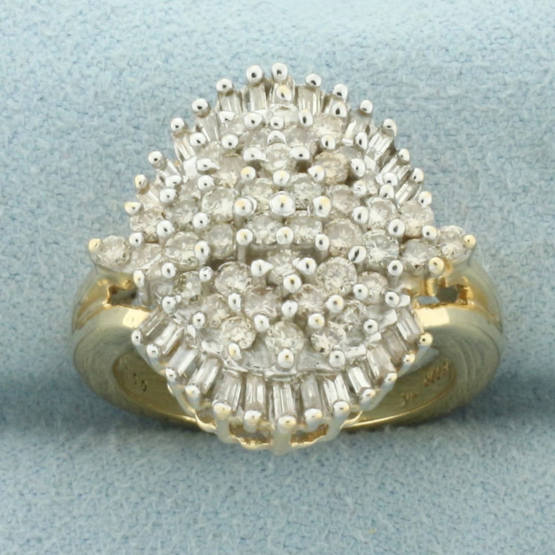 Diamond Statement Cocktail Ring in 14k Yellow Gold: In 14k Yellow Gold. Contains 1.5ct TW high quality round and baguette diamonds, SI clarity/I color. 20.3mm wide at top. Size 7.5. 9.0g.