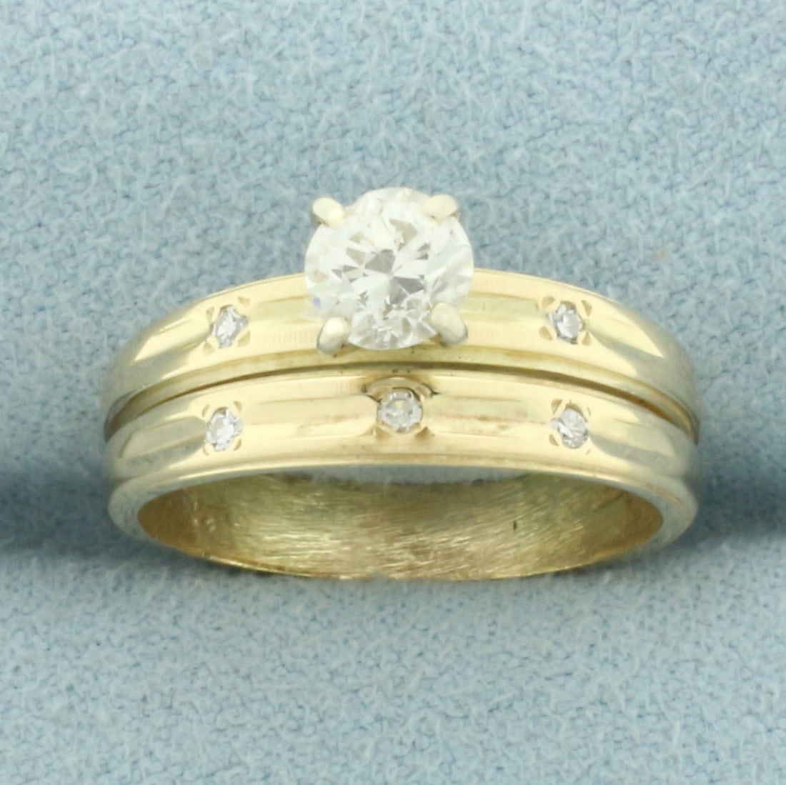 Diamond Engagement and Wedding Ring Bridal Set in 14k Yellow Gold: In 14k Yellow Gold. Contains one high quality 1/2ct round brilliant diamond, VS clarity/G color, great cut for added brilliance. Also contains five high quality .01ct diamonds of similar high quality.