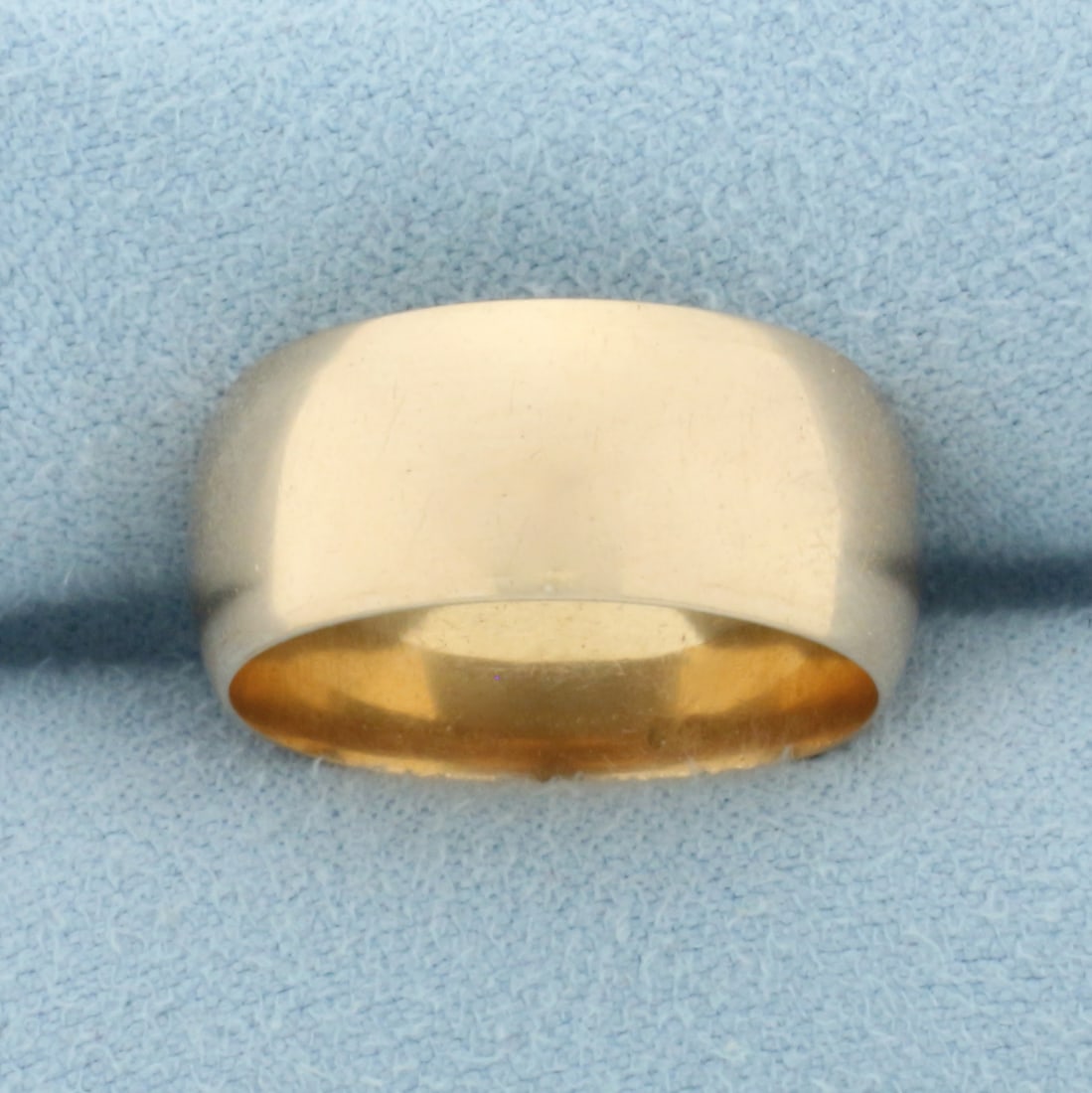 Antique 1898 Wide Band Ring in 14k Yellow Gold: In 14k Yellow Gold with Rose Undertone. 9mm wide. Hand engraved inside "J.B. 1898". Size 8. 7.8g.