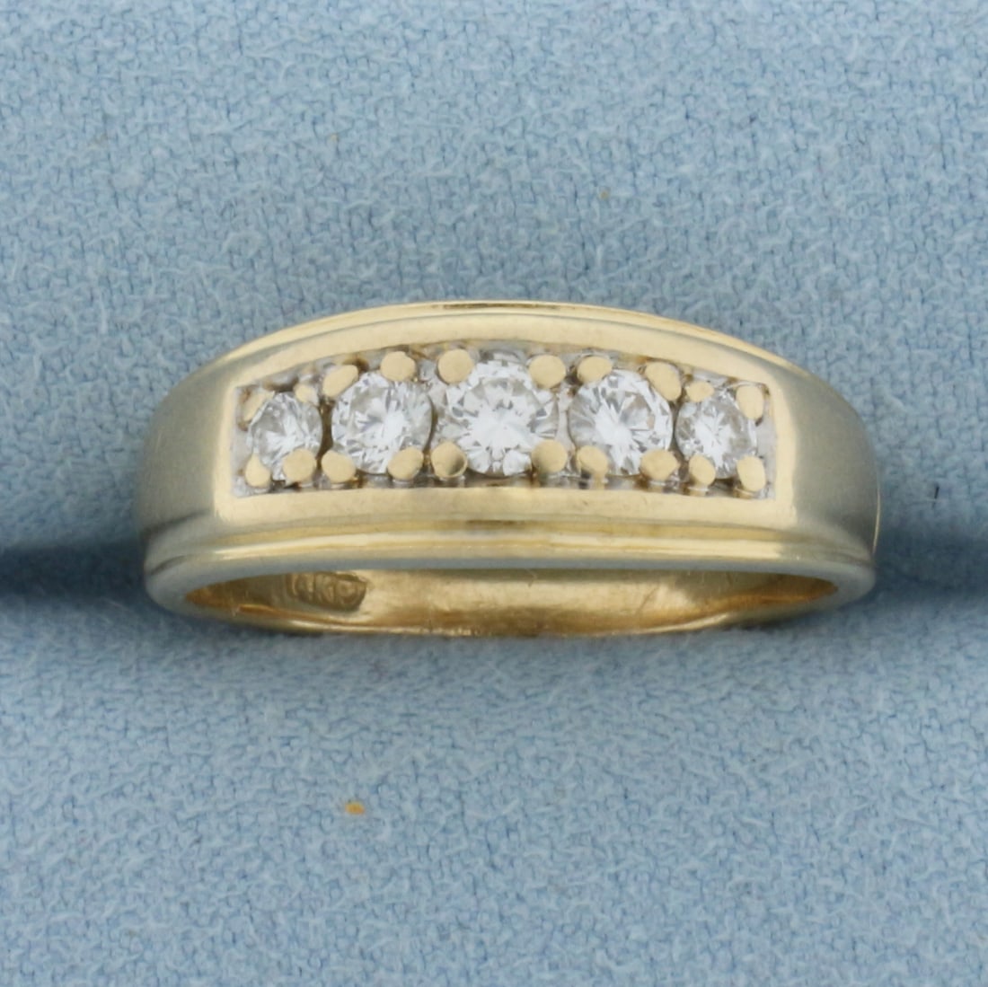 Five Stone Diamond Wedding or Anniversary Band Ring in 14k Yellow Gold: In 14k Yellow Gold. Contains five high quality diamonds, 1/2ct TW, VS clarity/G color. 7.8mm wide at center top. Size 9.5. 6.6g.