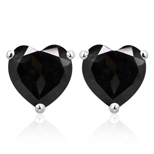 6MM Midnight Sapphire Earrings in Sterling Silver: In platinum over .925 sterling silver basket mountings with friction backs included. Contains 2 heart cut Midnight Sapphire gemstones with excellent dark color, approx. 2.4CTW, 6mm each. 1.4g