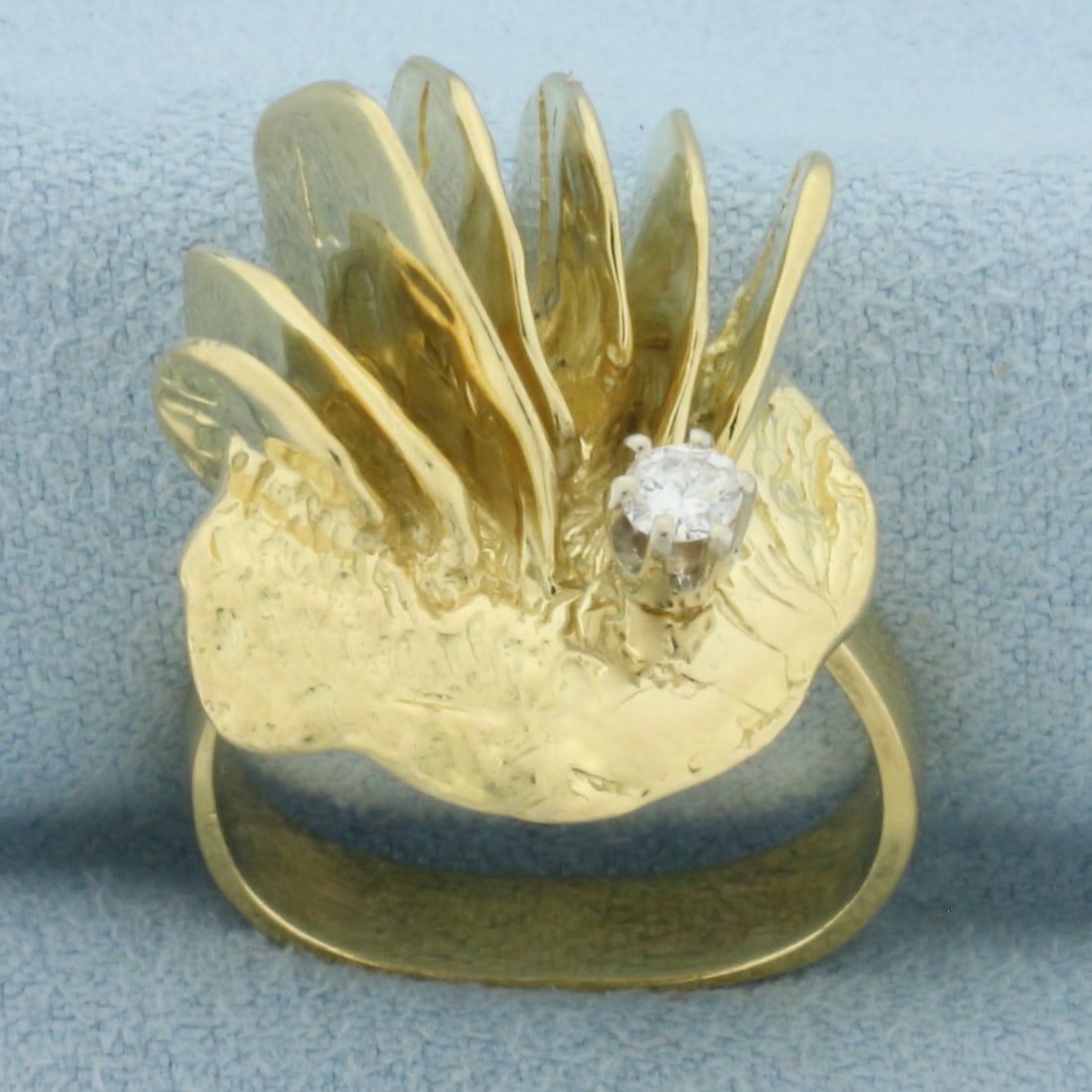 Modern Abstract Designer 3D Diamond Ring in 18k Yellow Gold: In 18k Yellow Gold. Contains one 1/8ct high quality diamond, SI clarity/G color. 19mm wide at top of ring. Euro shank. Size 5.5 (fits like a size 6). 12.2g.