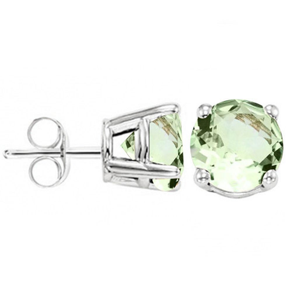 5MM Round Cut Green Amethyst .9CTW Stud Earrings in Sterling Silver: In platinum over .925 sterling silver basket mountings with friction backs included. Contains 2 round cut green amethyst gemstones with light green color and excellent clarity, approx. .9CTW, 5mm each