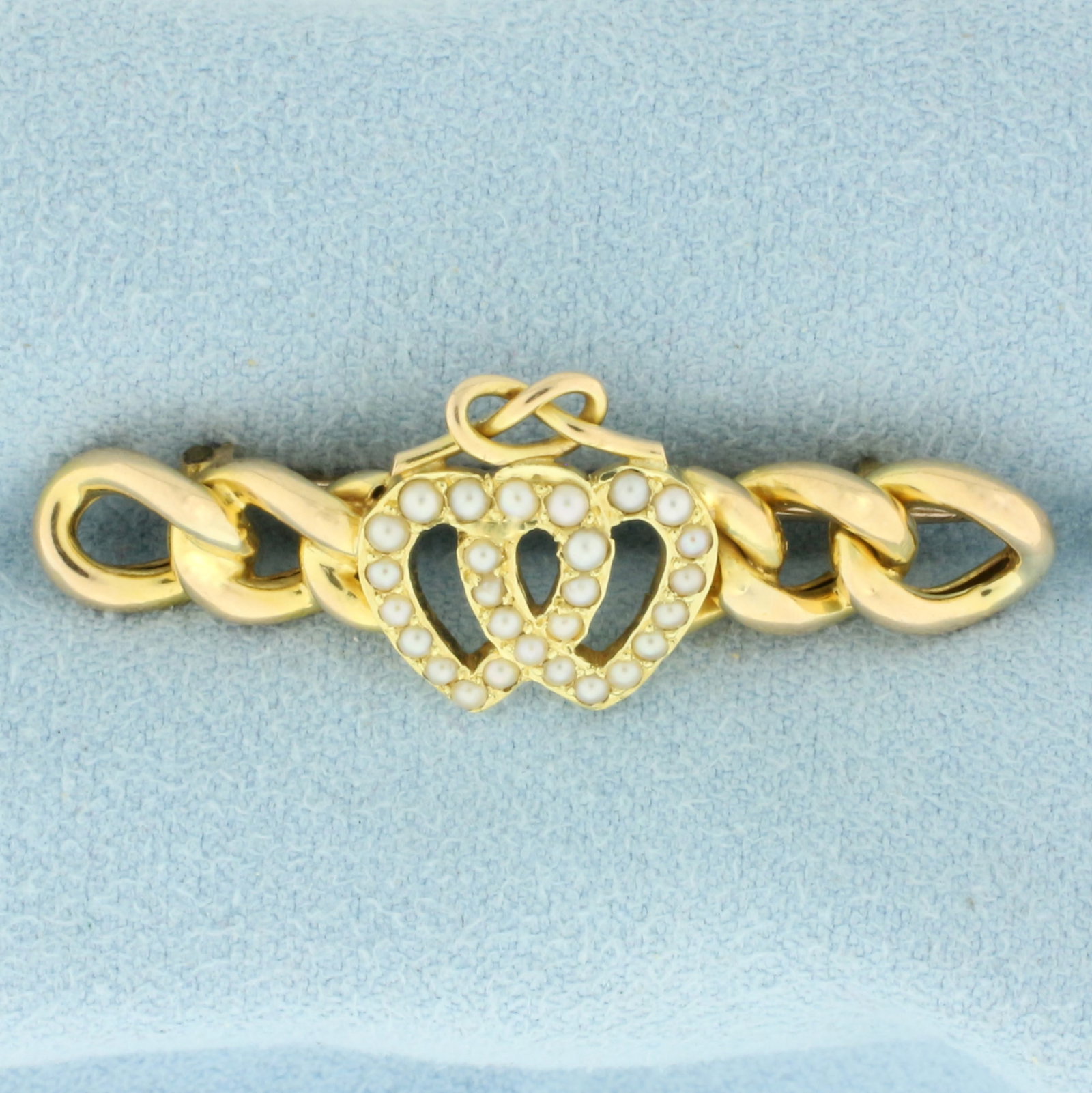 Antique 1894 Victorian Heart Seed Pearl Pin Brooch in 15k Yellow Gold: In 15k yellow gold. Dated and engraved "1894". Measure 1 1/4 inch long and 1/4 inch wide. 3.9g.