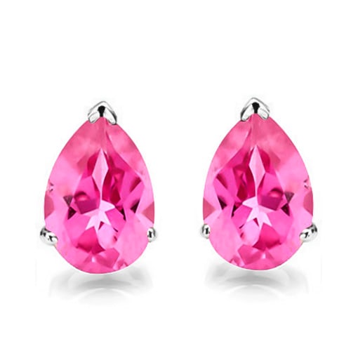 5x7 Pear Lab Pink Sapphire Earrings in Sterling Silver: In platinum over .925 sterling silver basket mountings with friction backs included. Contains 2 pear cut lab created Pink Sapphire gemstones with excellent color and clarity, approx. 1.6CTW, 5x7mm eac