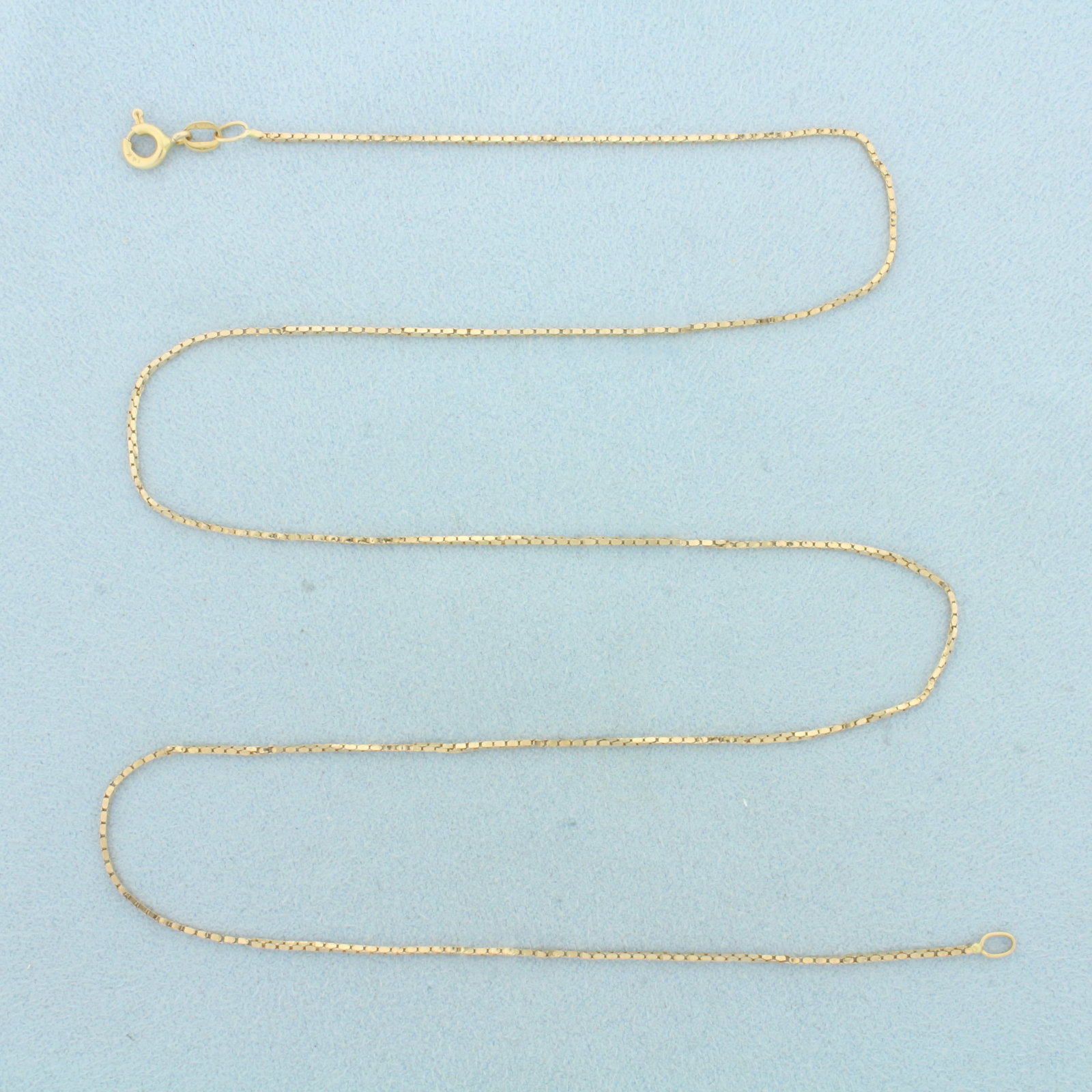Italian 20 Inch Box Link Chain Necklace in 14k Yellow Gold: In 14k Yellow Gold. 20 inches long. 1.1mm wide. Made in Italy. Spring clasp. 2.4g.