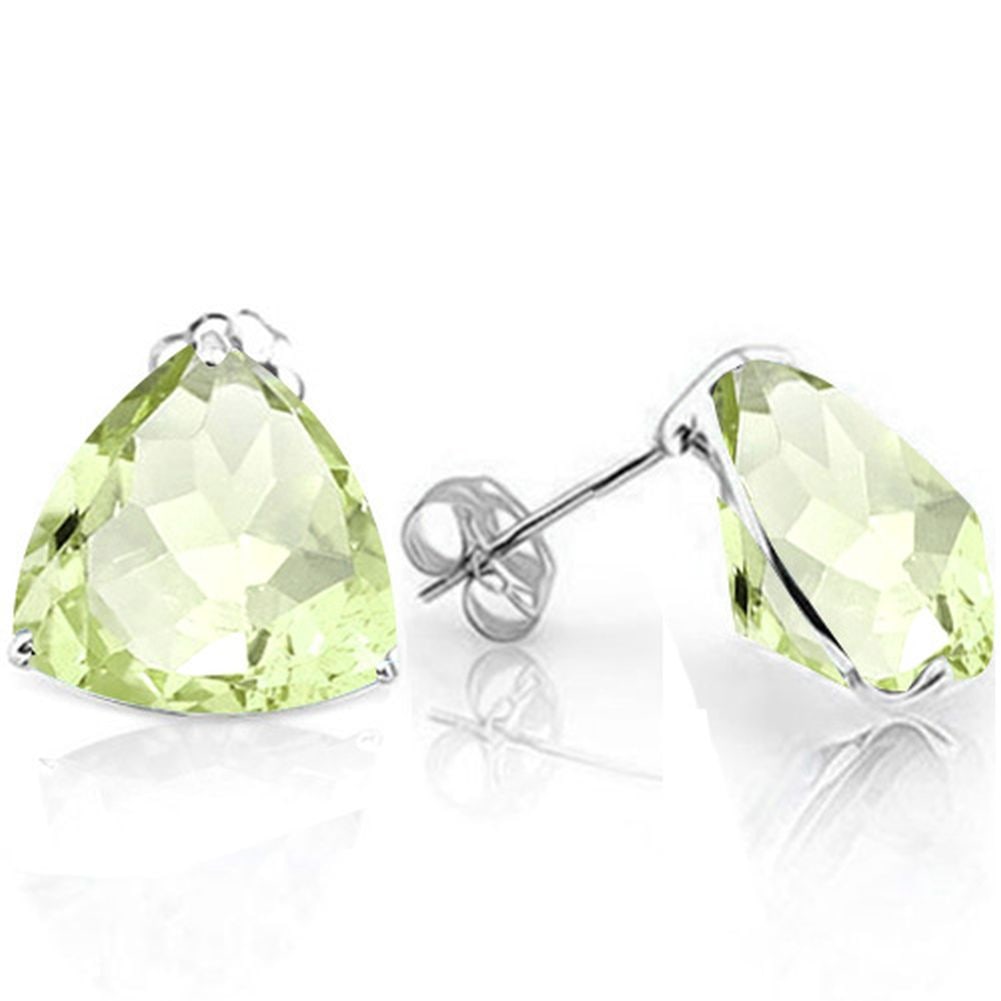 8MM Trillion Cut Green Amethyst 3.75CTW Stud Earrings in Sterling Silver: In platinum over .925 sterling silver basket mountings with friction backs included. Contains 2 trillion cut green amethyst gemstones with excellent light green color and excellent clarity,approx. 3.7