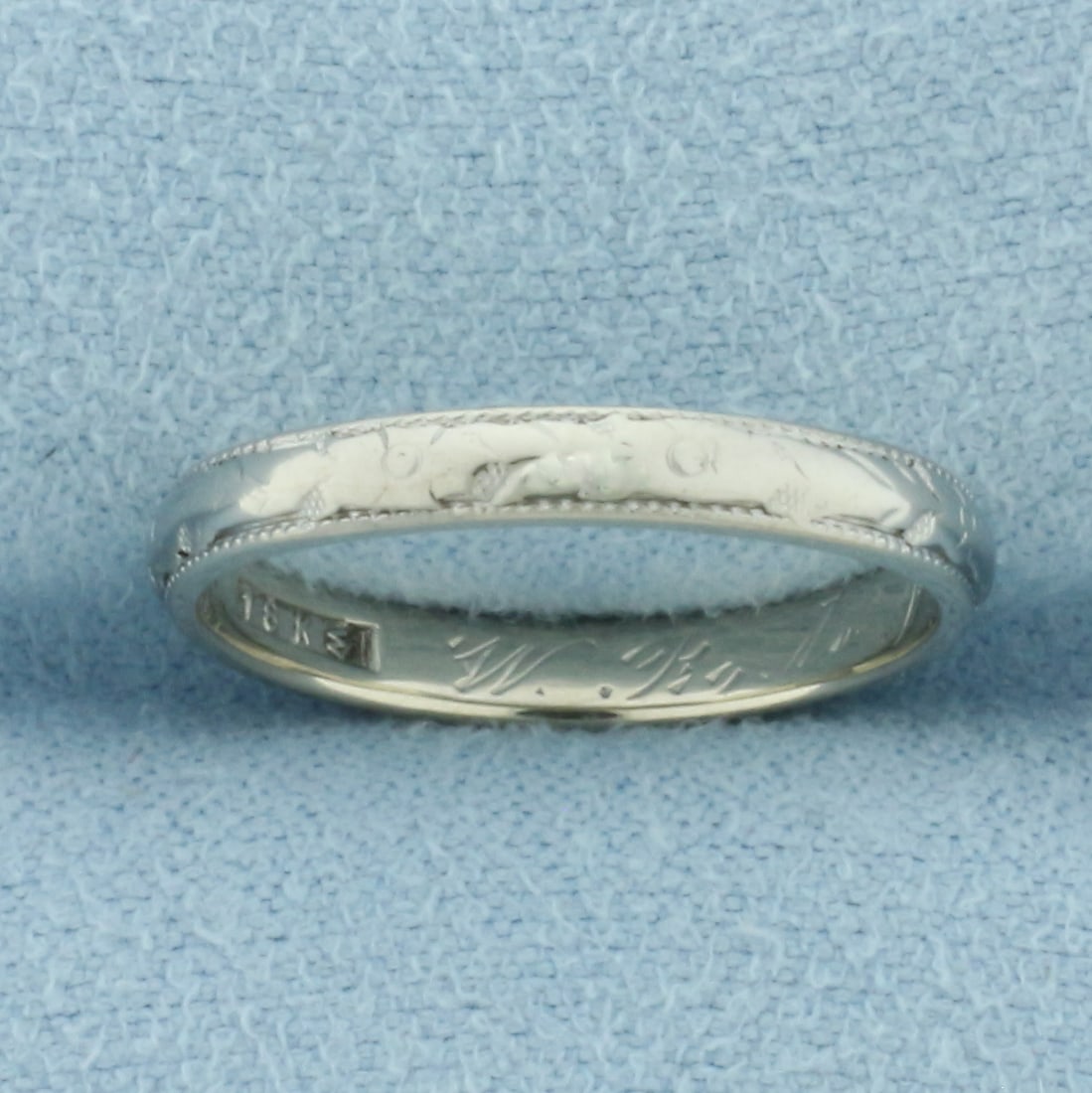 Antique Art Deco Engraved Band Ring in 18k White Gold: In 18k white gold. 2.5mm wide. Milgrain and pattern details. Antique hand engraving inside with initials and date (11-26-25). Ring is from 1925. Size 5.25. 2.1g.