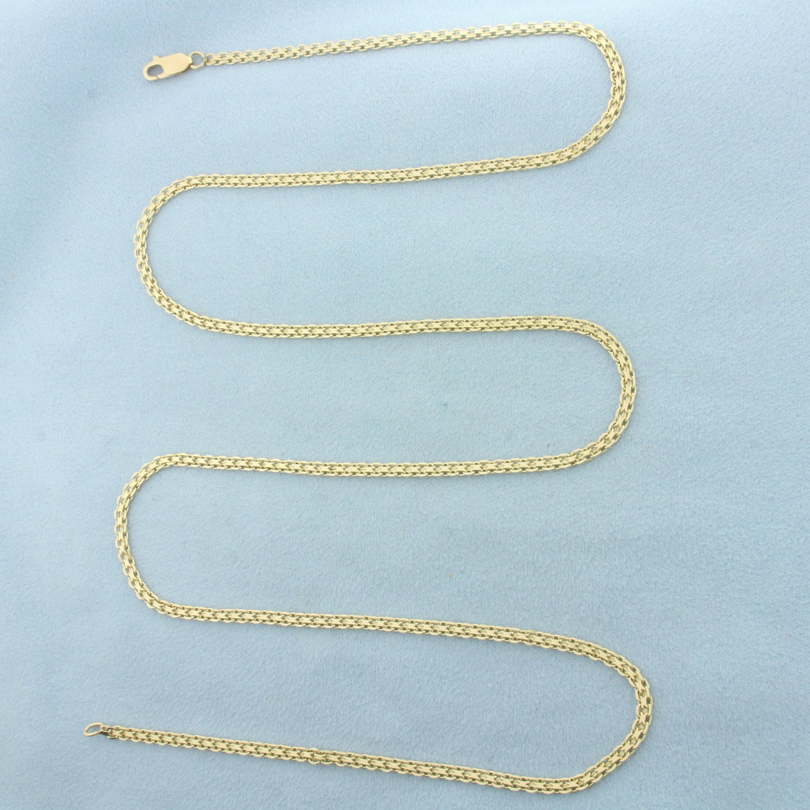 Long 29 Inch Bismark Link Chain Necklace in 14k Yellow Gold: In 14k Yellow Gold. 29 inches long. 2.7mm wide. Lobster clasp. 12.7g.