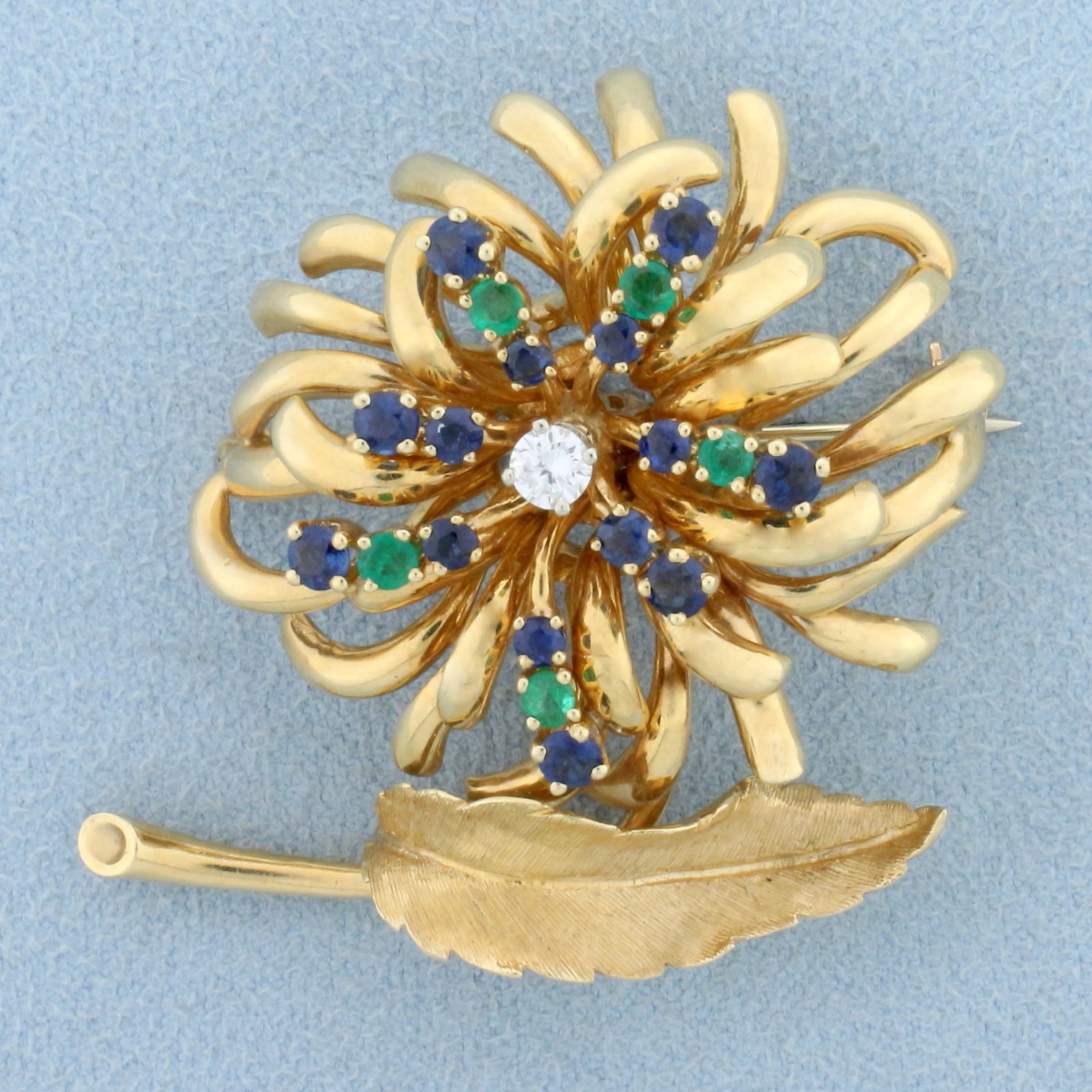 Vintage Designer Dan Frere Emerald, Sapphire, and Diamond Feather and Flower Design Pin Brooch in (1 of 2)