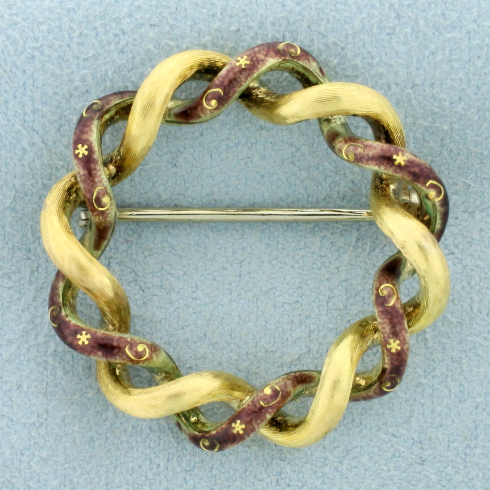 Antique Hand Painted Braided Circle Pin in 18K Yellow Gold: In 18K Yellow Gold. 1 1/8 inches long and wide. Hand painted. 6.3g