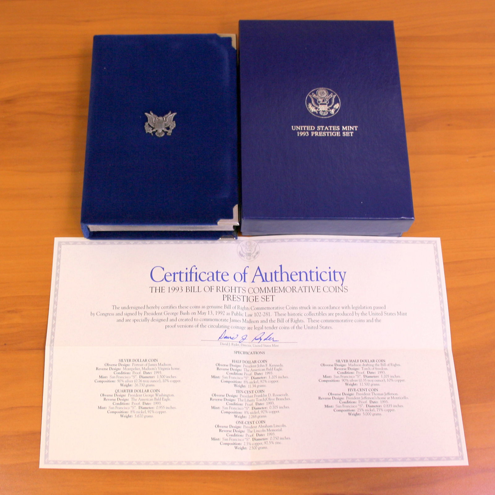 US Mint Bill of Rights Prestige Coin Set OGP: 1993 United States Mint Bill of Rights Prestige Set including a 1993 90% Silver Half Dollar and one 90% Silver Dollar. Set in original packaging and contains certificate of authenticity.