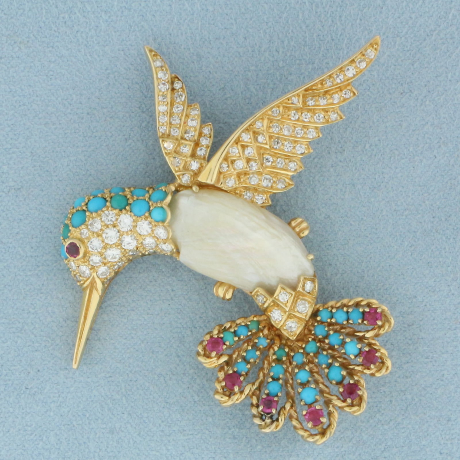 Hummingbird Broach Pin with Diamond, Ruby, Turquoise, and Pearl in 18k Yellow Gold (1 of 2)