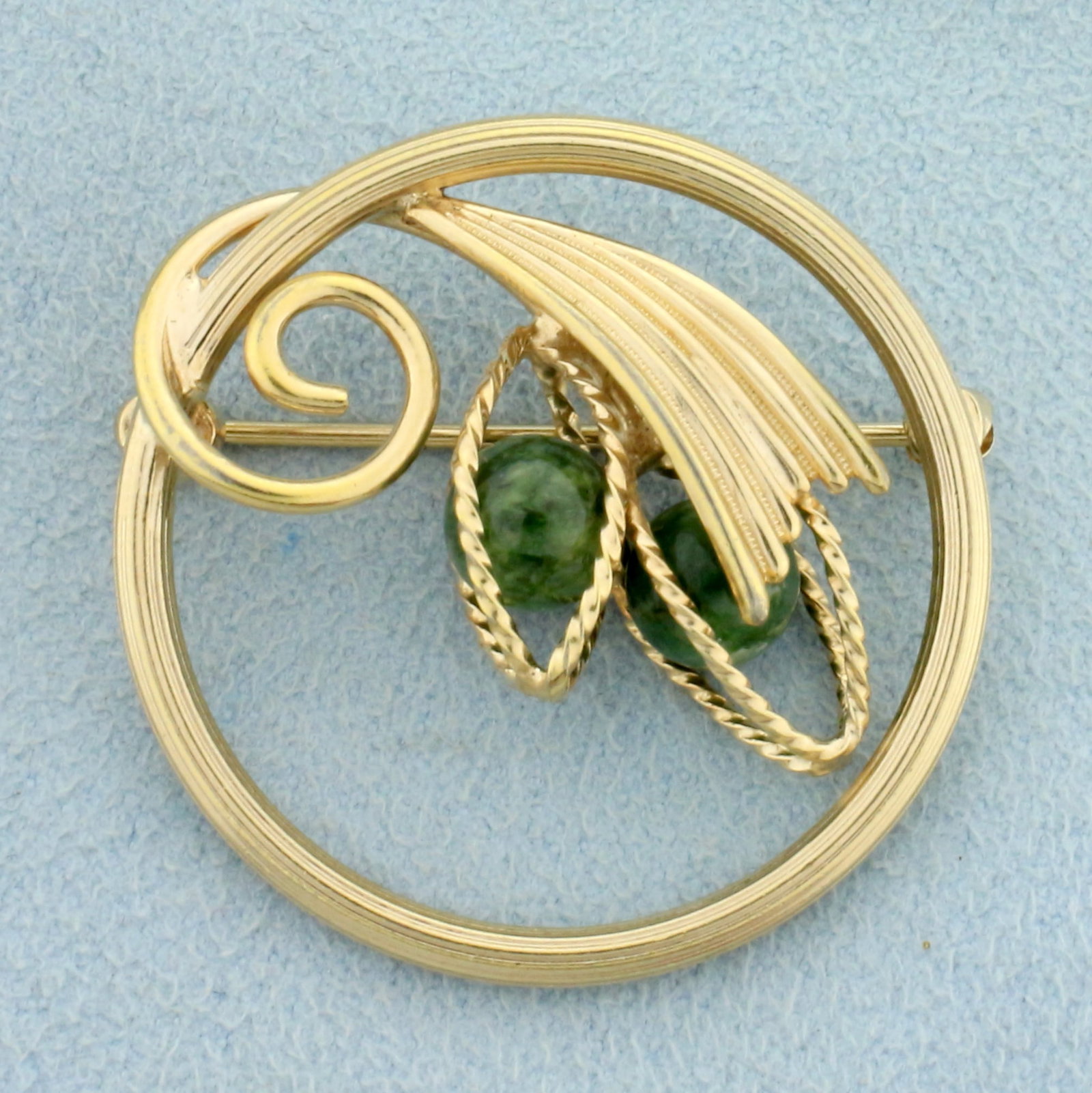 Vintage Designer Jade Pin in 14K Yellow Gold: In 14K Yellow Gold. Contains two high quality natural 6mm Jade Beads. 1 1/4 inches long and wide. 5.5g