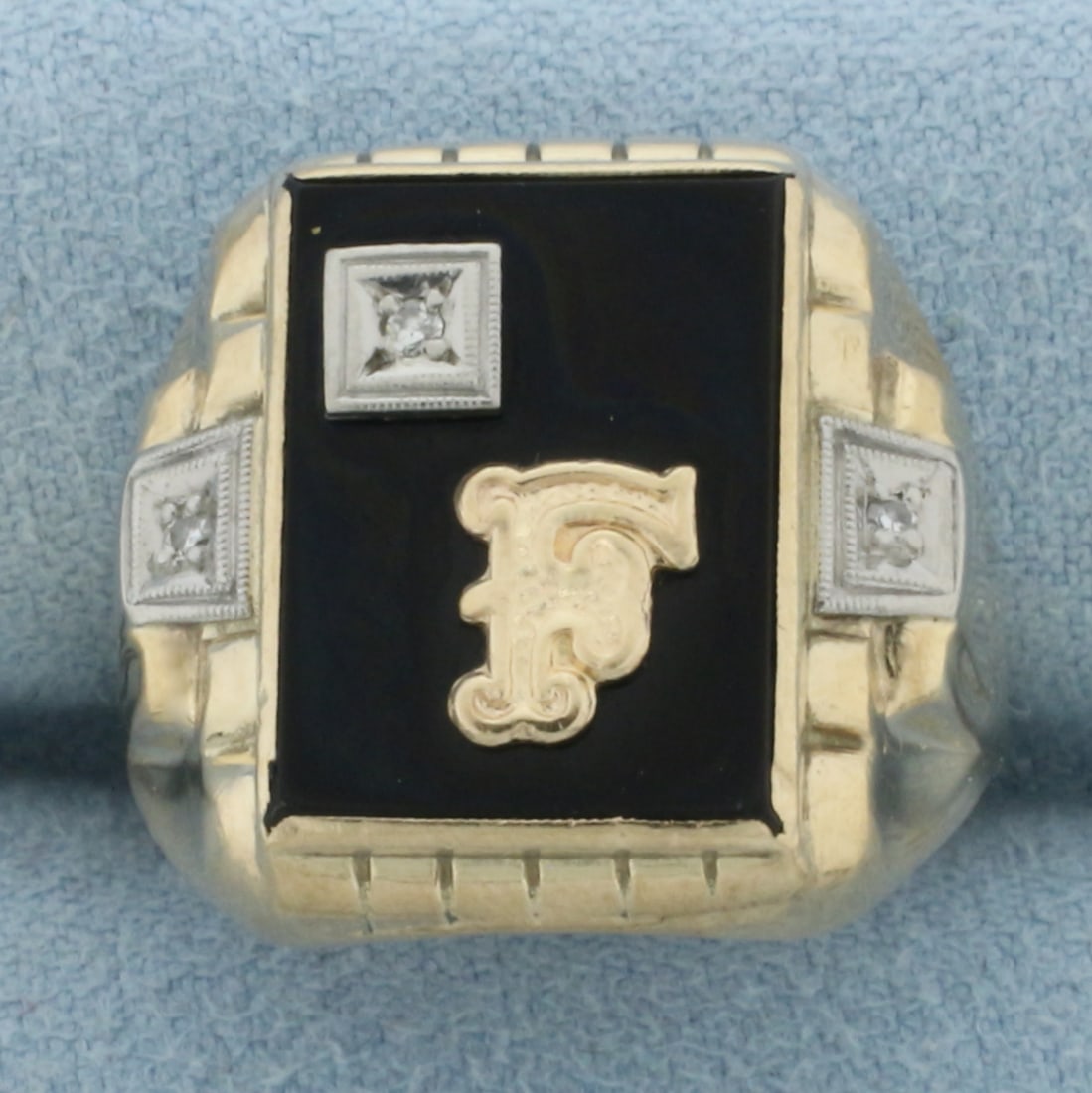 Mens F Initial Monogram Diamond Signet Ring in 10k Yellow Gold: In 10k Yellow Gold. 16mm high quality rectangular Onyx plaque. Also contains three high quality 1/2pt diamonds. 19mm wide at top center of ring. Size 10.25. 5.7g.