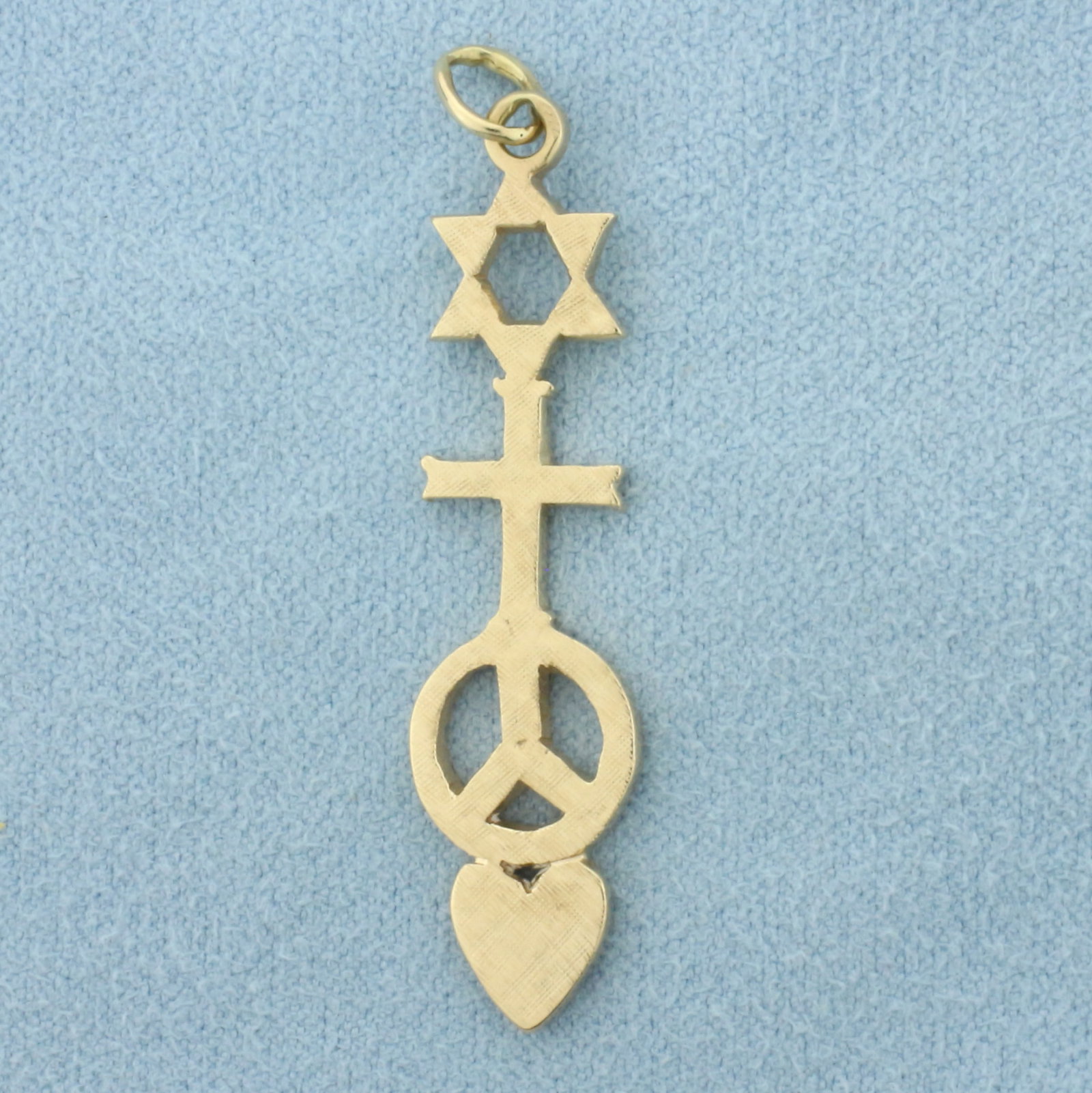Star of David Cross Peace Sign Heart Pendant in 14k Yellow Gold: In 14k Yellow Gold. 1 3/4 inches long by 3/8 inch wide. 3.1g.