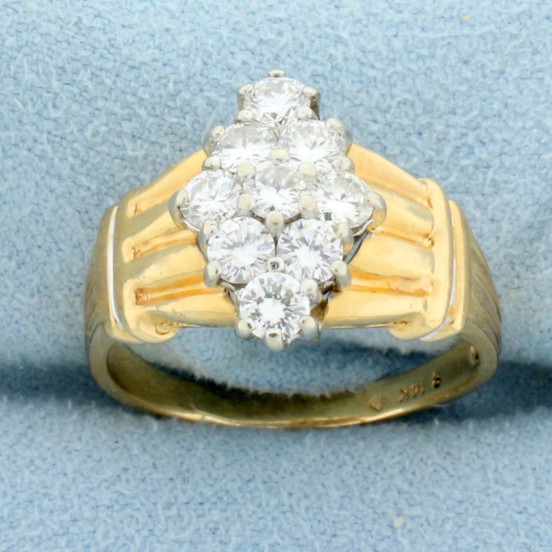 Vintage Diamond Cocktail Ring in 14K Yellow Gold: In 14K Yellow Gold. Contains nine high quality .11ct round brilliant cut Diamonds, 1ct TW, VS clarity/F color. Size 8. 5.1g.