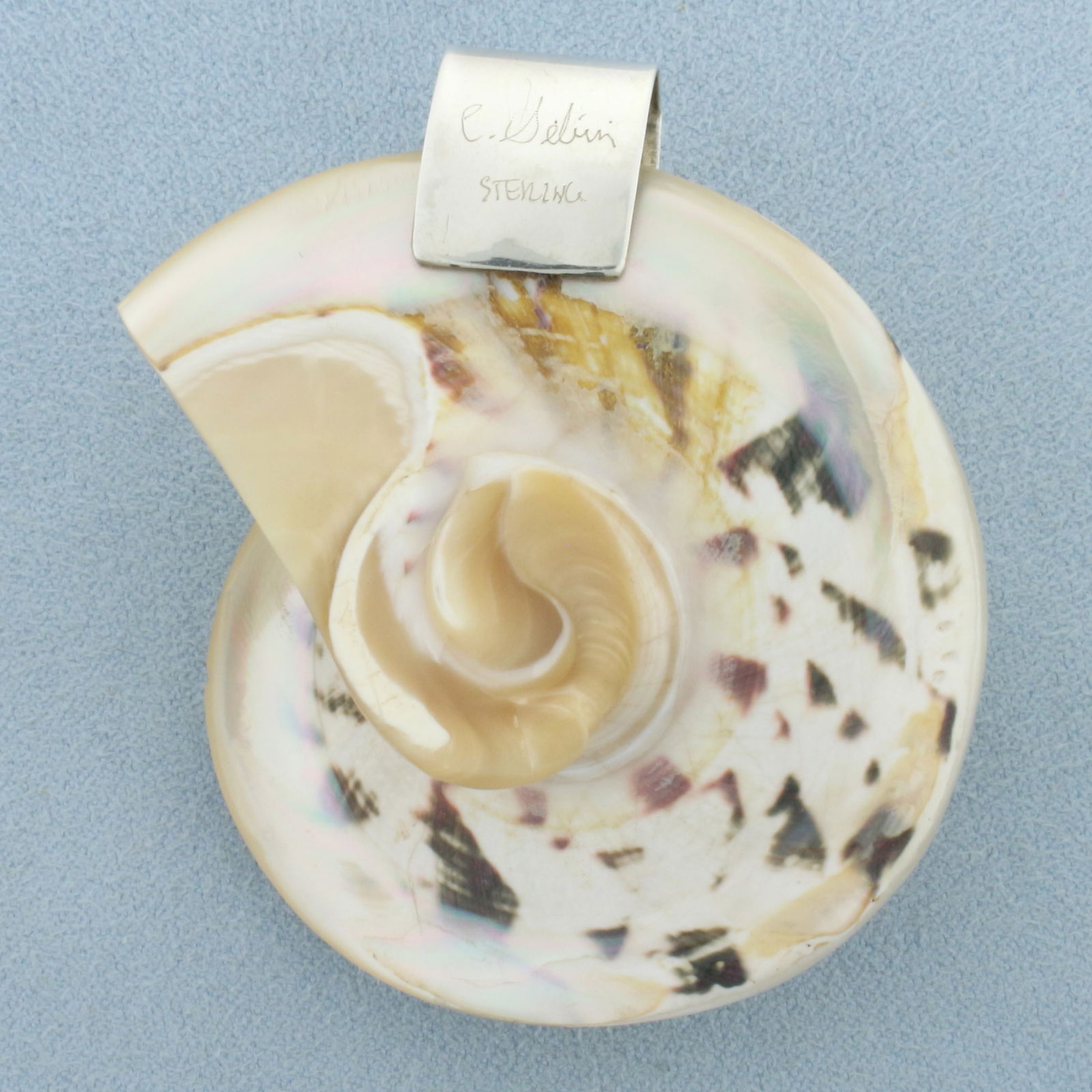 Modernist Signed Designer Celia Sebiri Shell Pendant: Hand signed C. Sebiri (Celia Sebiri) American designer; .925 Sterling silver. 2 3/8 inches long (including bale) x 2 inches wide. Includes original Neiman Marcus pouch.