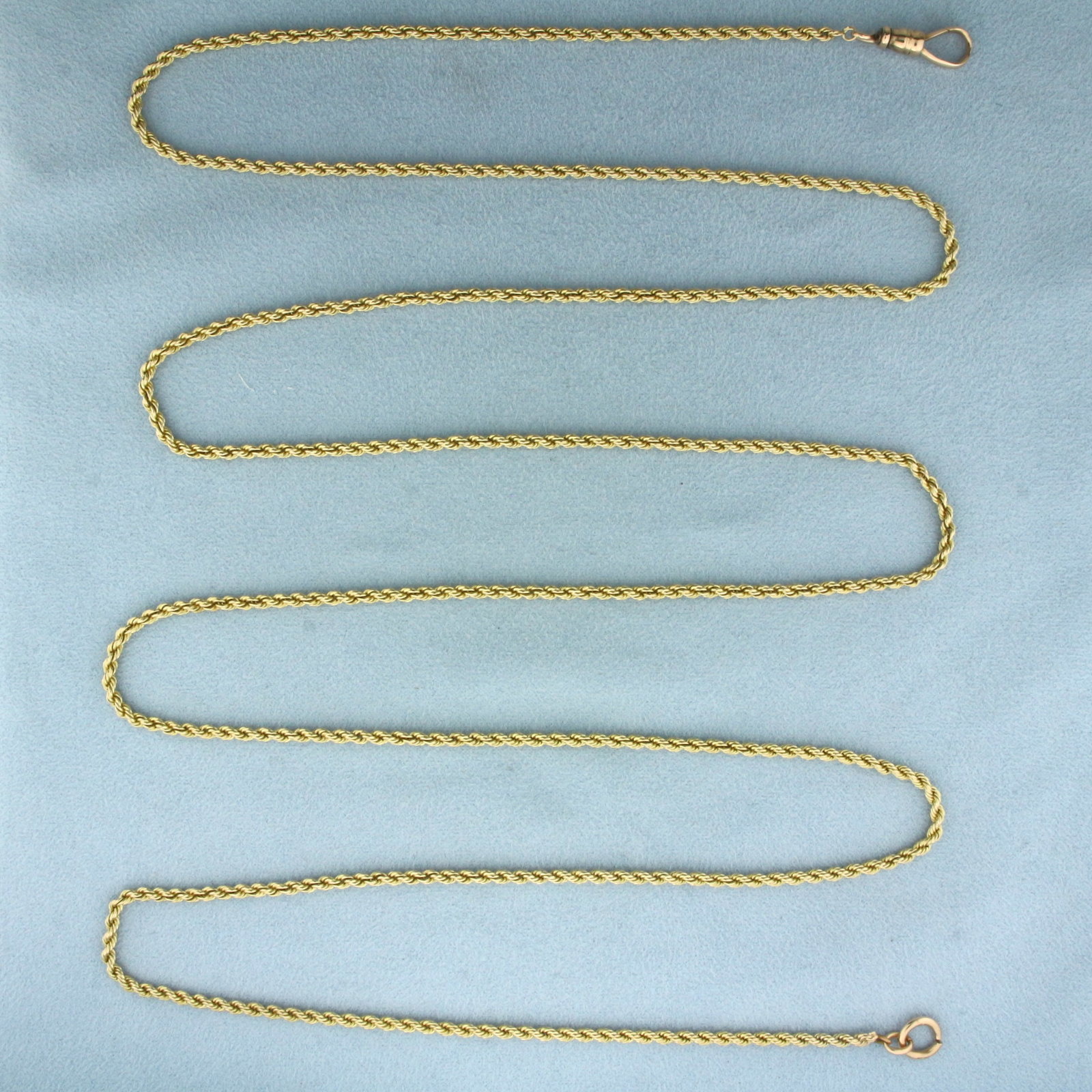 48 Inch Rope Link Chain Necklace 14k Yellow Gold: In 14k Yellow Gold with 14k Rose Gold Dog Clip Closure. 48 inches long. 2.5mm wide. 32.3g.