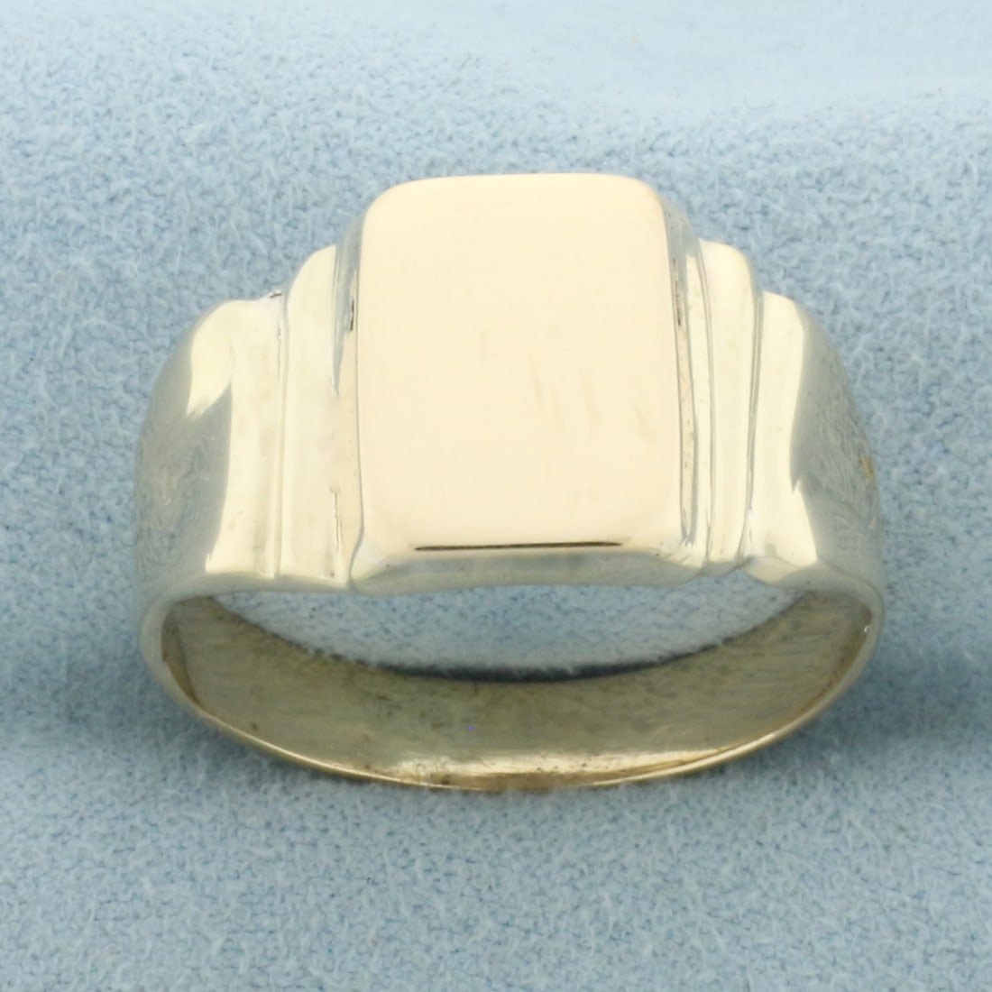 Mens Engravable Signet Ring in 14k Yellow Gold: In 14k Yellow Gold. 13mm wide at top center of ring, can engrave initials. Size 13.