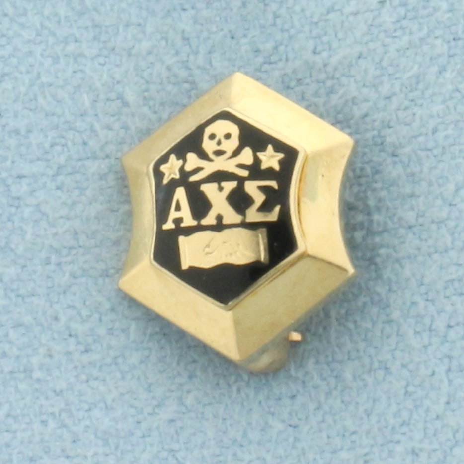 Vintage Alpha Chi Sigma Chemical Sciences Fraternity Pin in 14k Yellow Gold: In 14k Yellow Gold. 1/2 inch long. 3/8 inch wide. Engraving from 1934 on back. 2.4g.