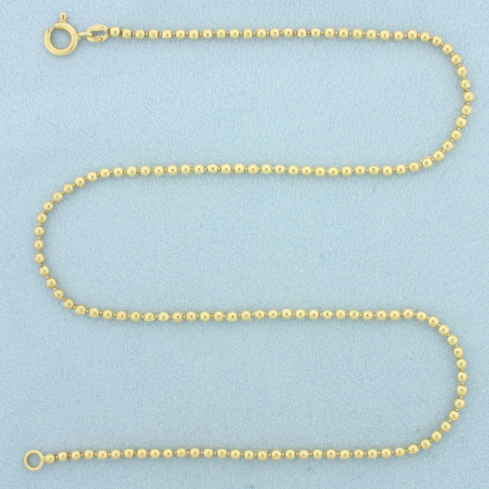 15 Inch Ball Bead Choker Necklace in 18k Yellow Gold: In 18k Yellow Gold. 15 inches long. 2.2mm wide. Spring clasp. 10.7g.