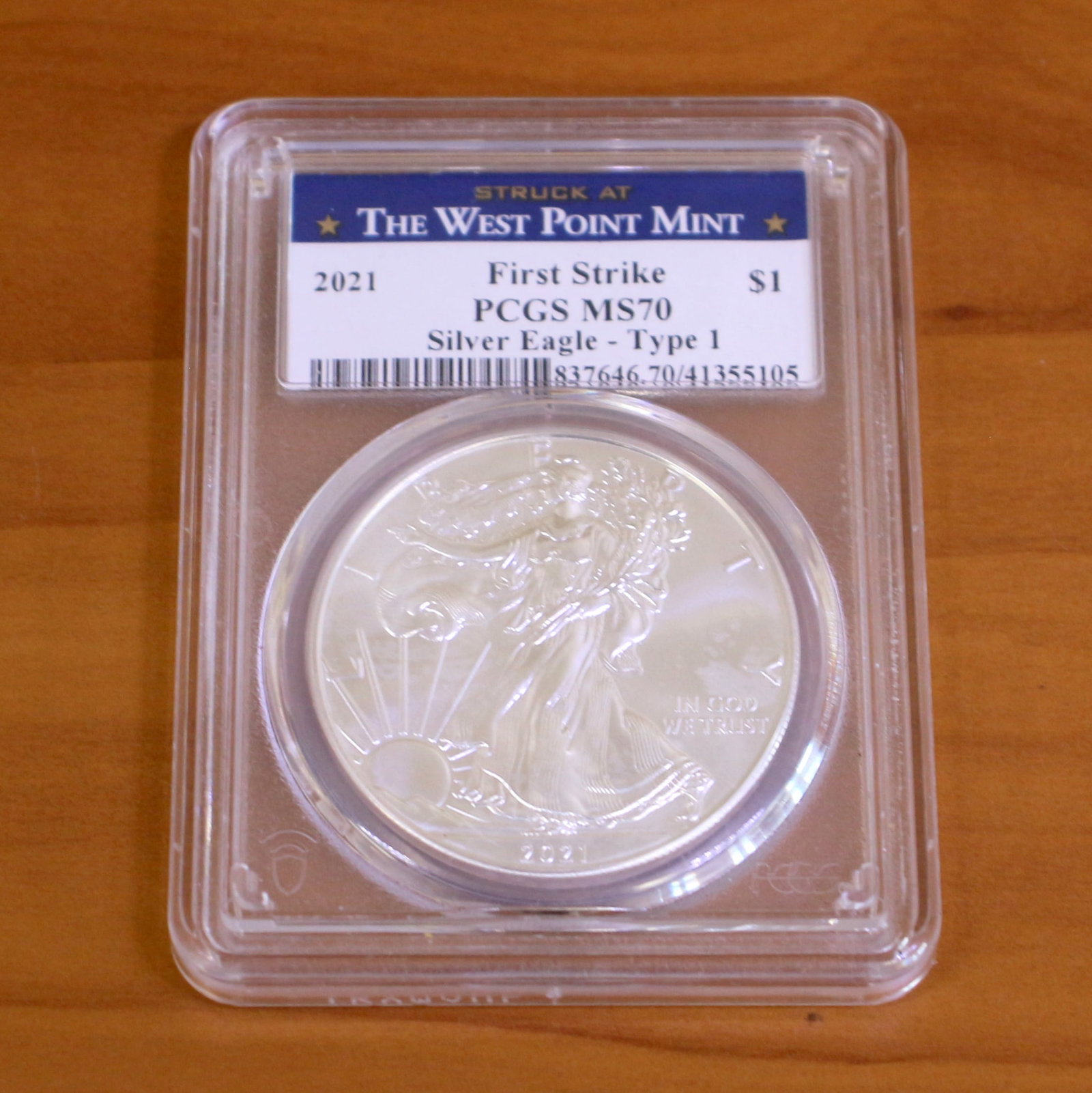 PCGS 2021 MS70 First Strike Silver Eagle Dollar Coin West Point Mint: Contains one 2021 PCGS MS70 First Strike Type One Silver Eagle Dollar. Struck at The West Point Mint. Packaged by PCGS.