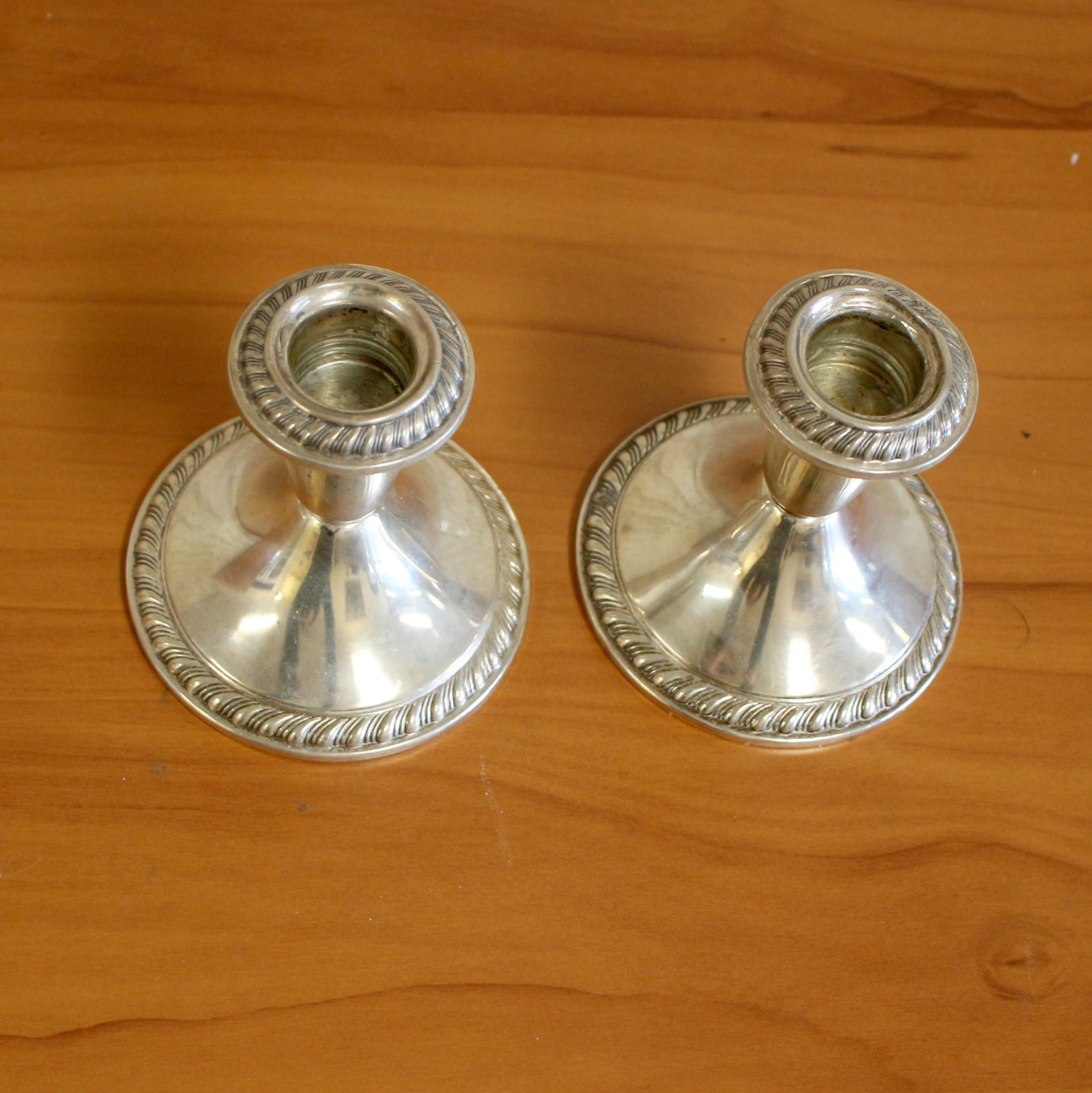 Alvin S41 Sterling Silver Candlestick Holders Set of 2: .925 Sterling Silver Weighted. 3 3/8 inch diameter. 3 3/8 inches tall. S41. 457.9g.
