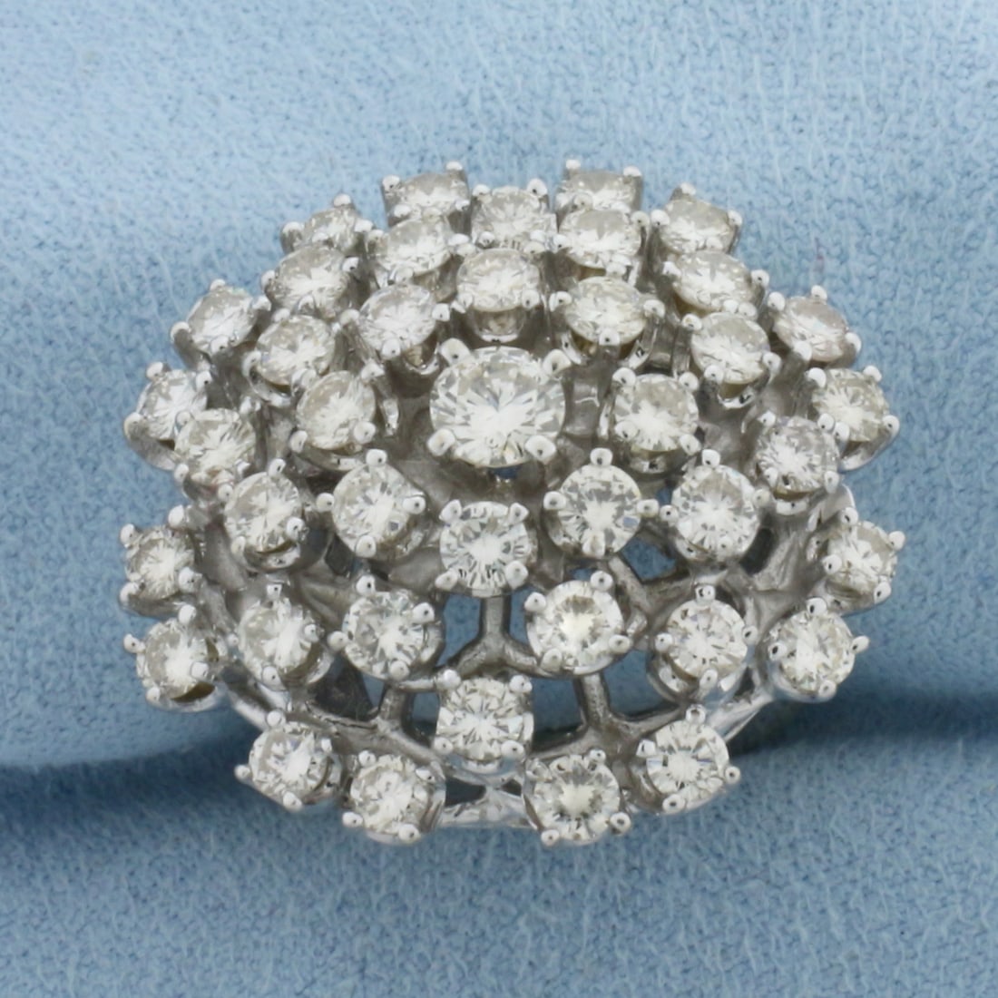 Diamond 3ct Cocktail Ring in 14k White Gold: In 14k white gold. 25mm diameter. Contains one 1/3ct diamond, VS/G. Also contains forty diamonds, .07ct each, 2.7ct TW of similar high quality. Size 5.5. 15.3g.