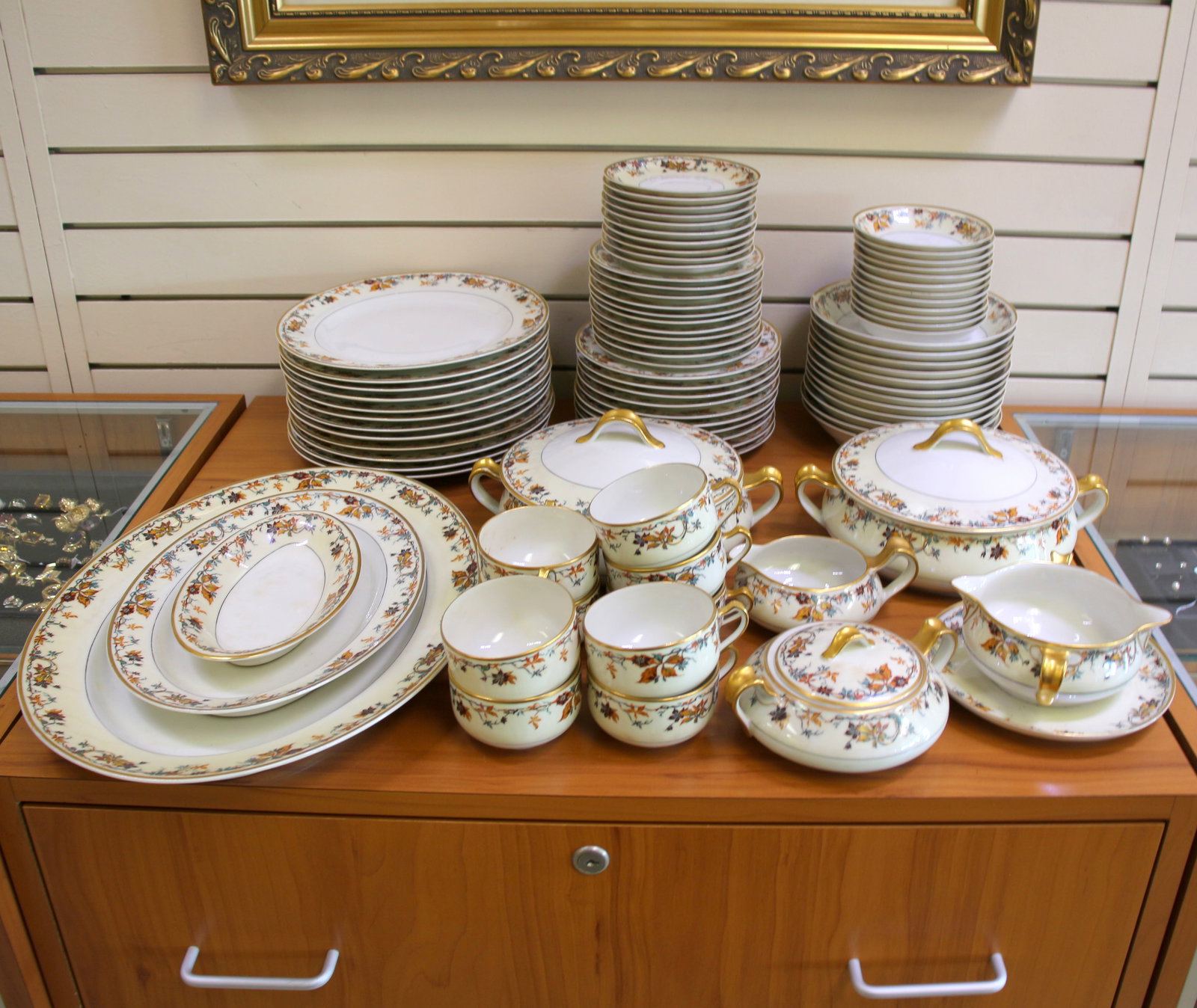 Haviland France Autumn Limoges China Set of 84 Pieces: Contains twelve dinner plates - 9 3/4 inches, ten teacup saucers - 5 1/2 inches, nine teacups, eleven bread plates - 6 1/8 inches, ten plates - 7 1/2 inches, twelve small shallow bowls - 5 inches, twe