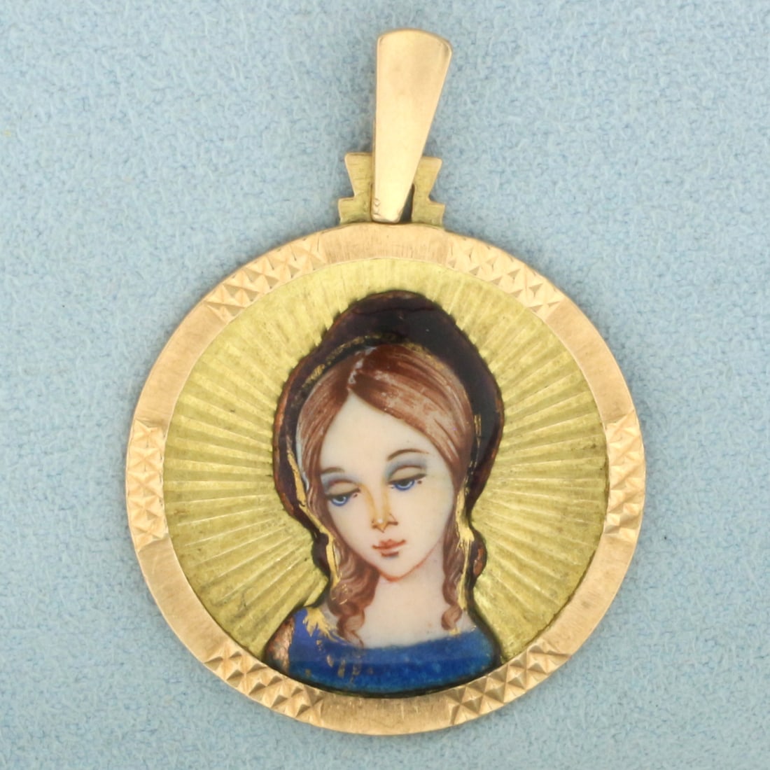 Hand Painted Virgin Mary Pendant in 18k Rose Gold: In 18k rose gold. 1.5 inches long (including bale) x 1 1/8 inch diameter Hand painted Virgin Mary. 6.5g.