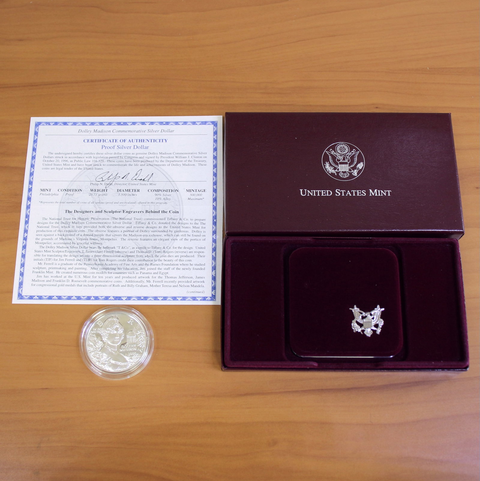 US Mint Dolley Madison Silver Dollar Proof Coin OGP: Contains one 1999 United States Mint 90% Silver Commemorative Silver Dollar. Set in original packaging and contains certificate of authenticity.