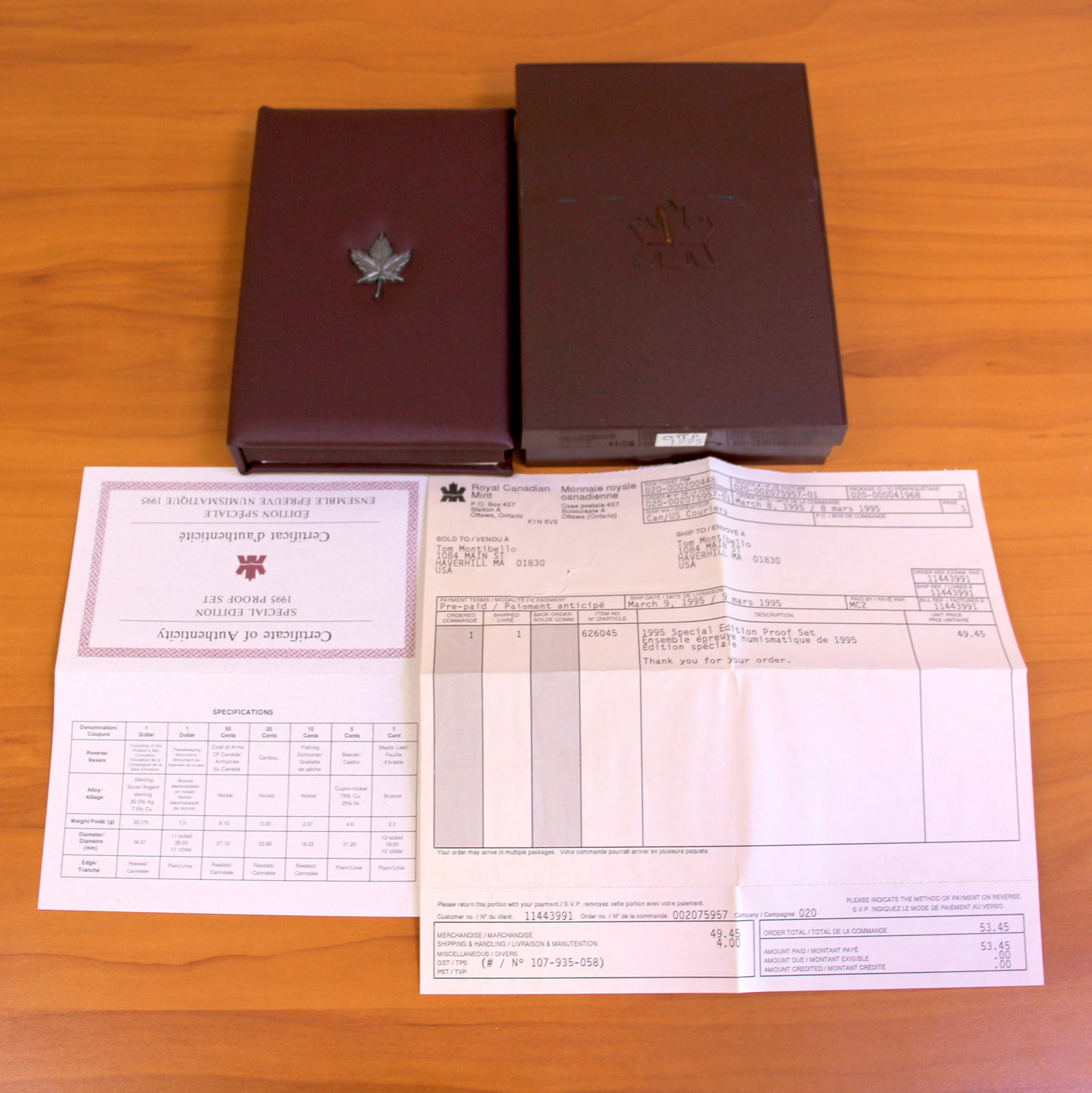 1995 Royal Canadian Mint Proof Coin Set OGP: Contains one 1995 Royal Canadian Mint Proof Set which including one Sterling Silver Dollar. Set in original packaging and contains certificate of authenticity.