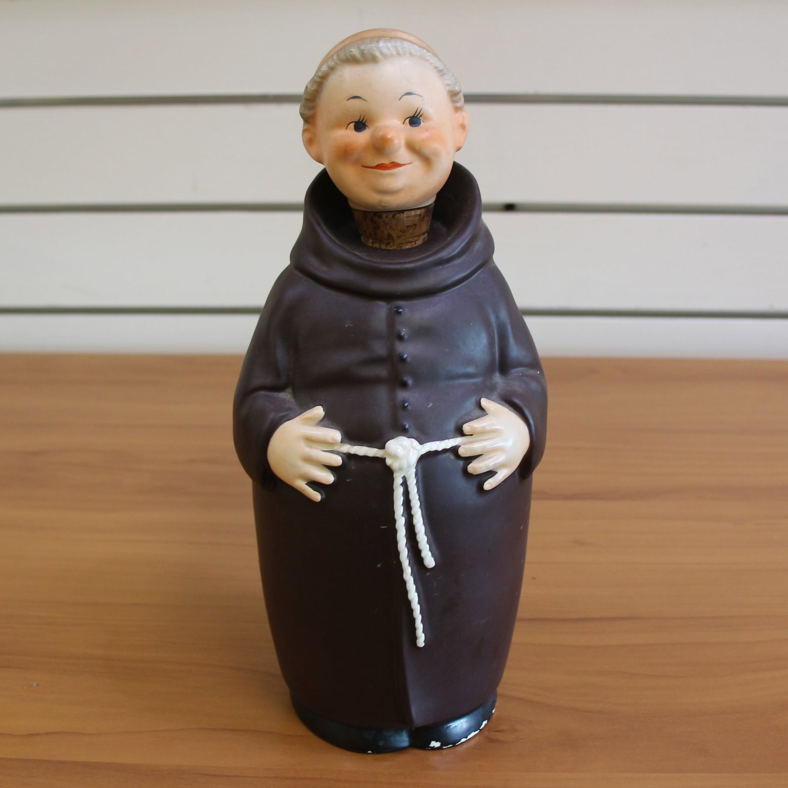 Rare Vintage Goebel Friar Tuck Monk Large Decanter: 10 3/4 inches tall. 5 inches wide at widest point. Cork stopper head. Some paint chipped off the bottom. #KL92.