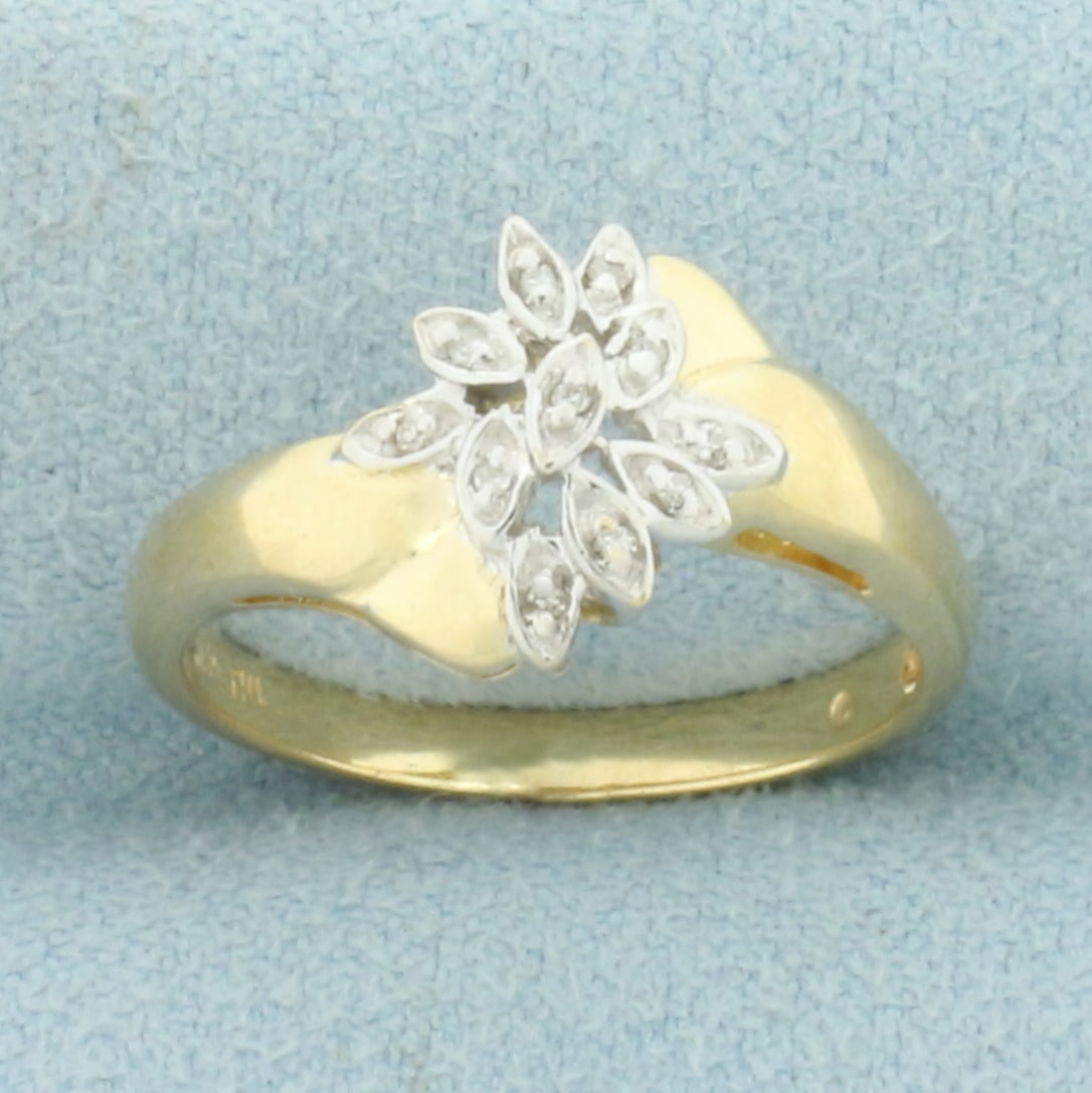 Diamond Leaf Nature Design Ring in 14k Yellow Gold: In _k Yellow Gold. Contains eleven high quality 1/2pt diamonds. 10.7mm wide at center. Size 6.5. 2.6g.