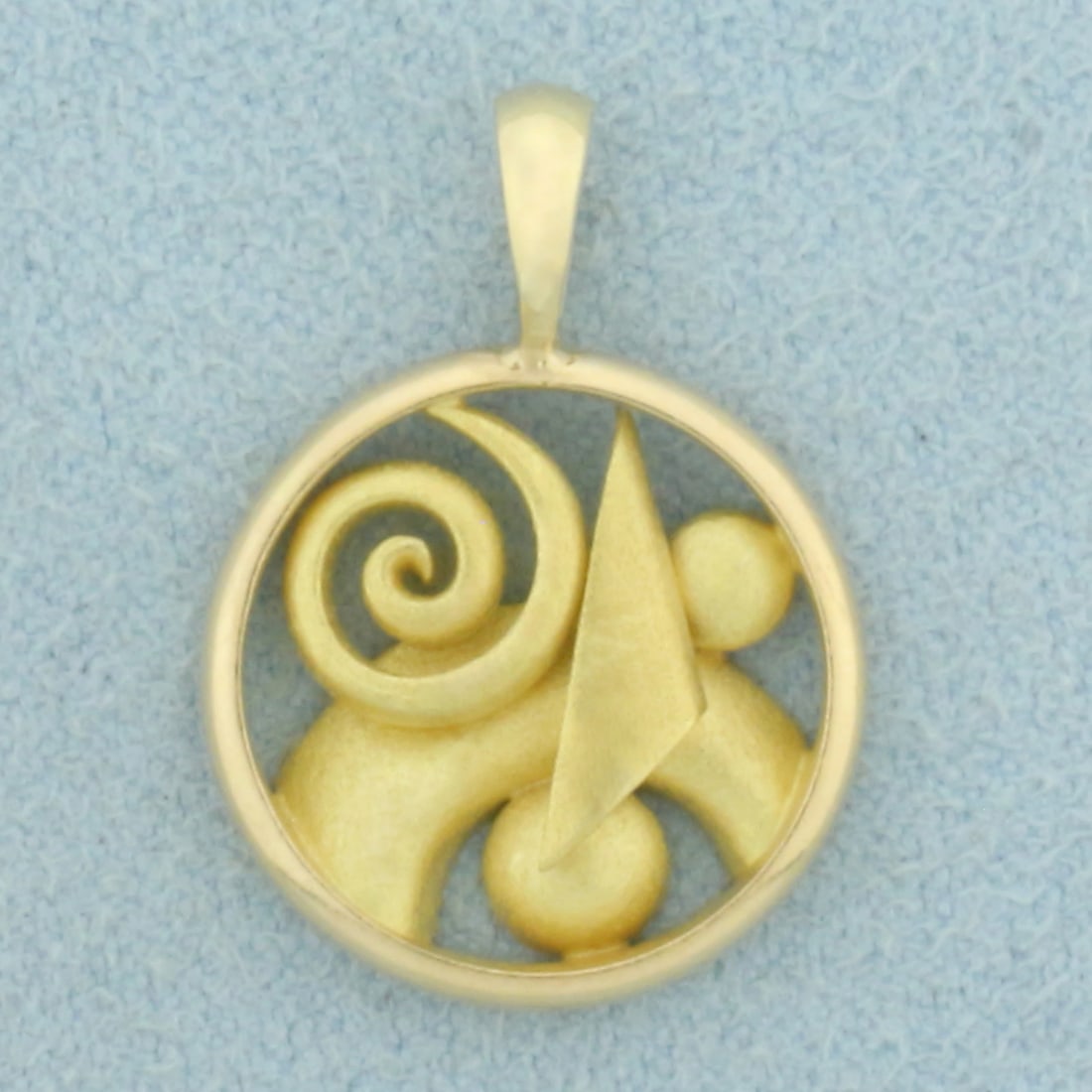 Unique Abstract Modernist Design Pendant in 14k Yellow Gold: In 14k Yellow Gold. 7/8 inch long. 5/8 inch diameter. Matte finished. 3.2g.