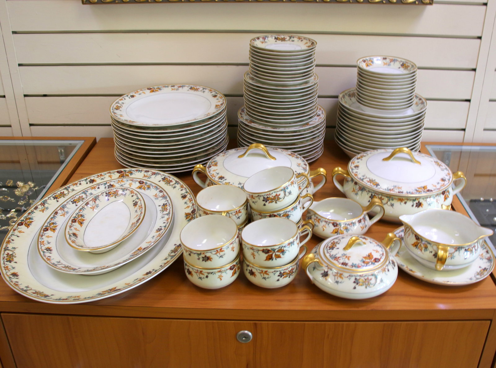 Haviland France Autumn Limoges China Set of 84 Pieces: Contains twelve dinner plates - 9 3/4 inches, ten teacup saucers - 5 1/2 inches, nine teacups, eleven bread plates - 6 1/8 inches, ten plates - 7 1/2 inches, twelve small shallow bowls - 5 inches, twe