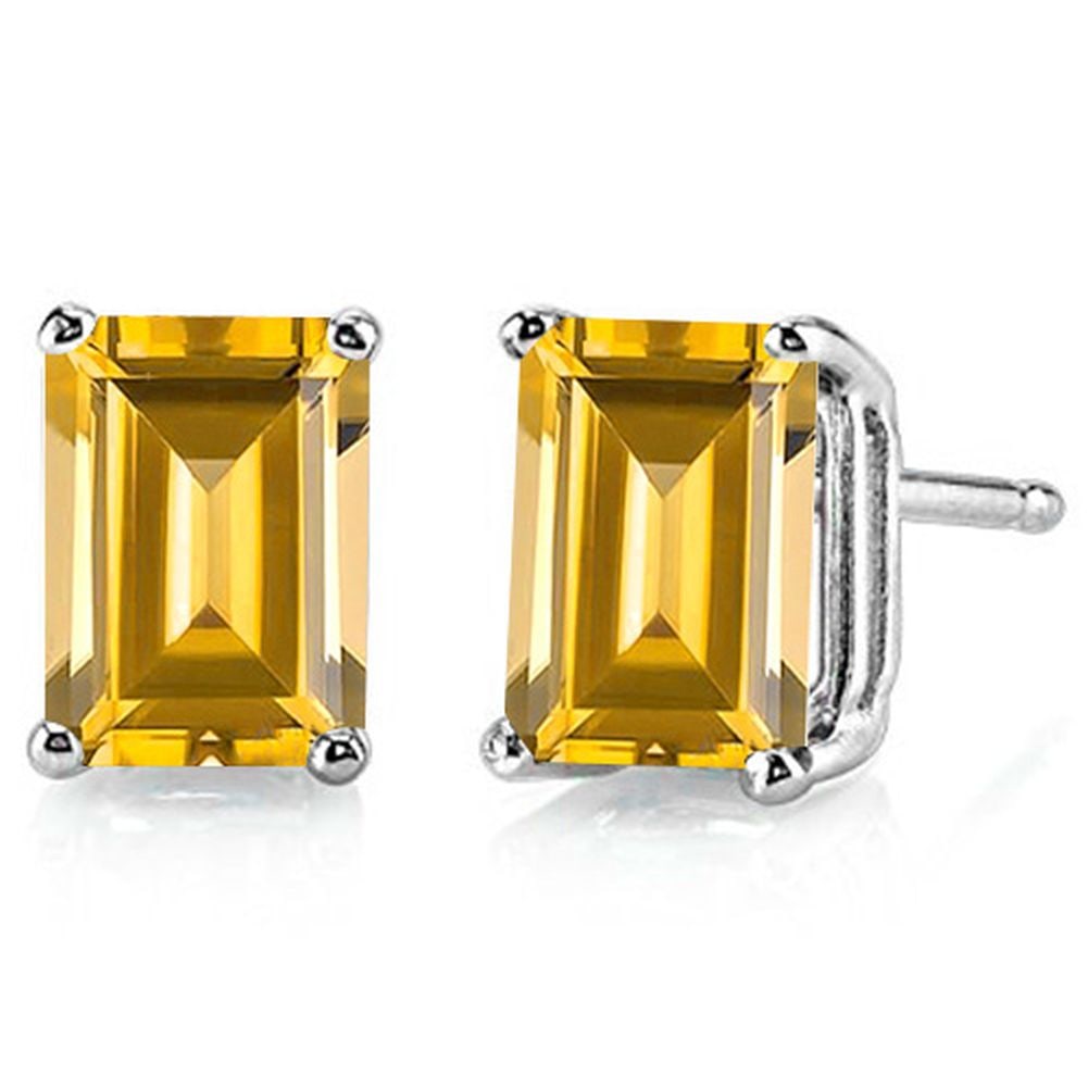 7x5MM Emerald Cut Citrine 1.85CTW Stud Earrings in Sterling Silver: In platinum over .925 sterling silver basket mountings with friction backs included. Contains 2 emerald cut citrine gemstones with light golden yellow color and excellent clarity,approx. 1.85CTW, 7x5m