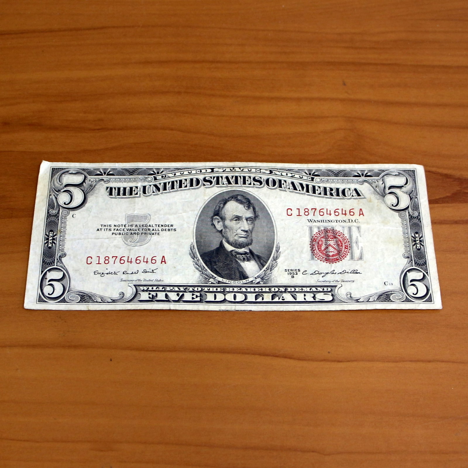 1953 or 1963 $5 Red Seal United States Note Bill Circulated Condition: Circulated condition. Actual bill may be slightly different than one in photo but similar condition.