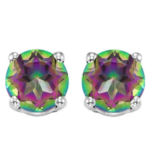 6MM Round Mystic Topaz Earrings in Sterling Silver: In platinum over .925 sterling silver basket mountings with friction backs included. Contains 2 round cut Mystic Topaz gemstones with excellent color and clarity, approx. 1.6CTW, 6mm each. 1.3g
