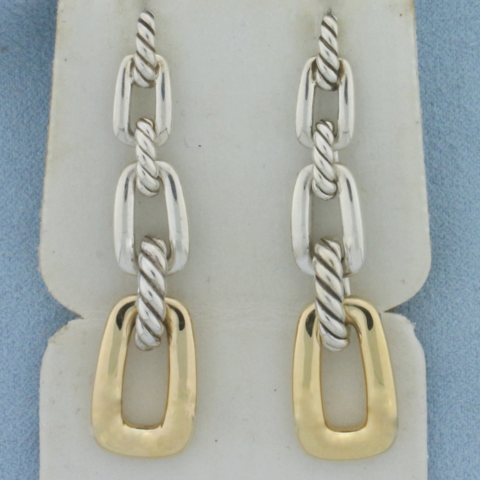 David Yurman Wellesley Link Drop Convertible Earrings in Sterling Silver and 18K Yellow Gold: In .925 sterling silver and 18k yellow gold. Guaranteed authentic. Measures 49mm x 12mm. Bottom link can be removed and detachable link can be worn as a pendant while earrings can be worn long or shor