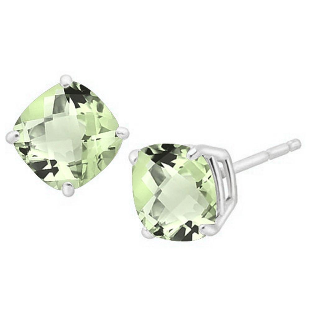 5MM Cushion Cut Green Amethyst 1.1CTW Stud Earrings in Sterling Silver: In platinum over .925 sterling silver basket mountings with friction backs included. Contains 2 cushion cut green amethyst gemstones with excellent color and clarity, approx. 1.1CTW, 5mm each. 0.8g